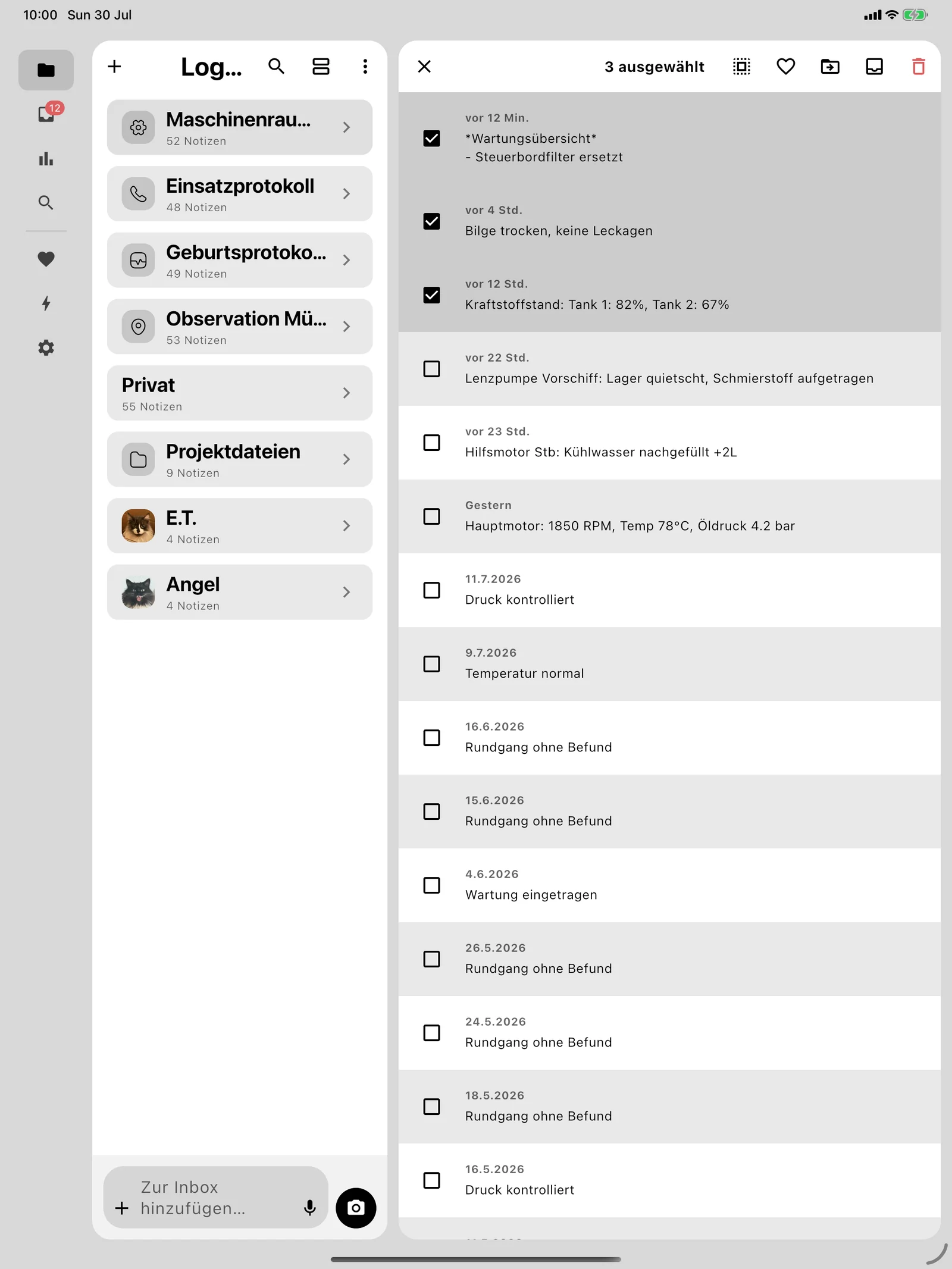 Drei ausgewählte Notizen in Lognote mit Sammelaktionen für Favoriten, Verschieben und Löschen.