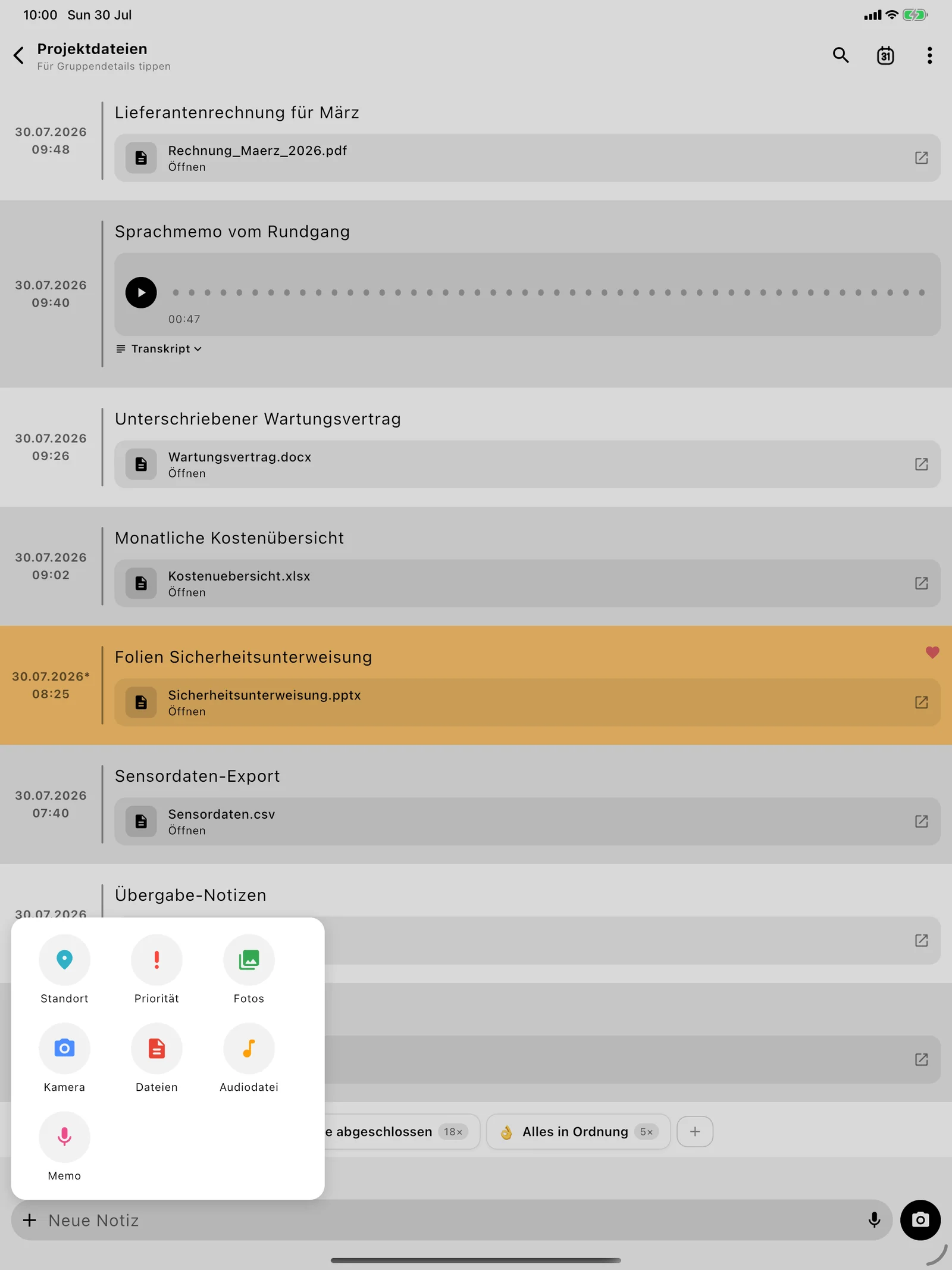 Anhangs-Popover von Lognote auf dem iPad mit Dokument- und Audiodatei-Auswahl.