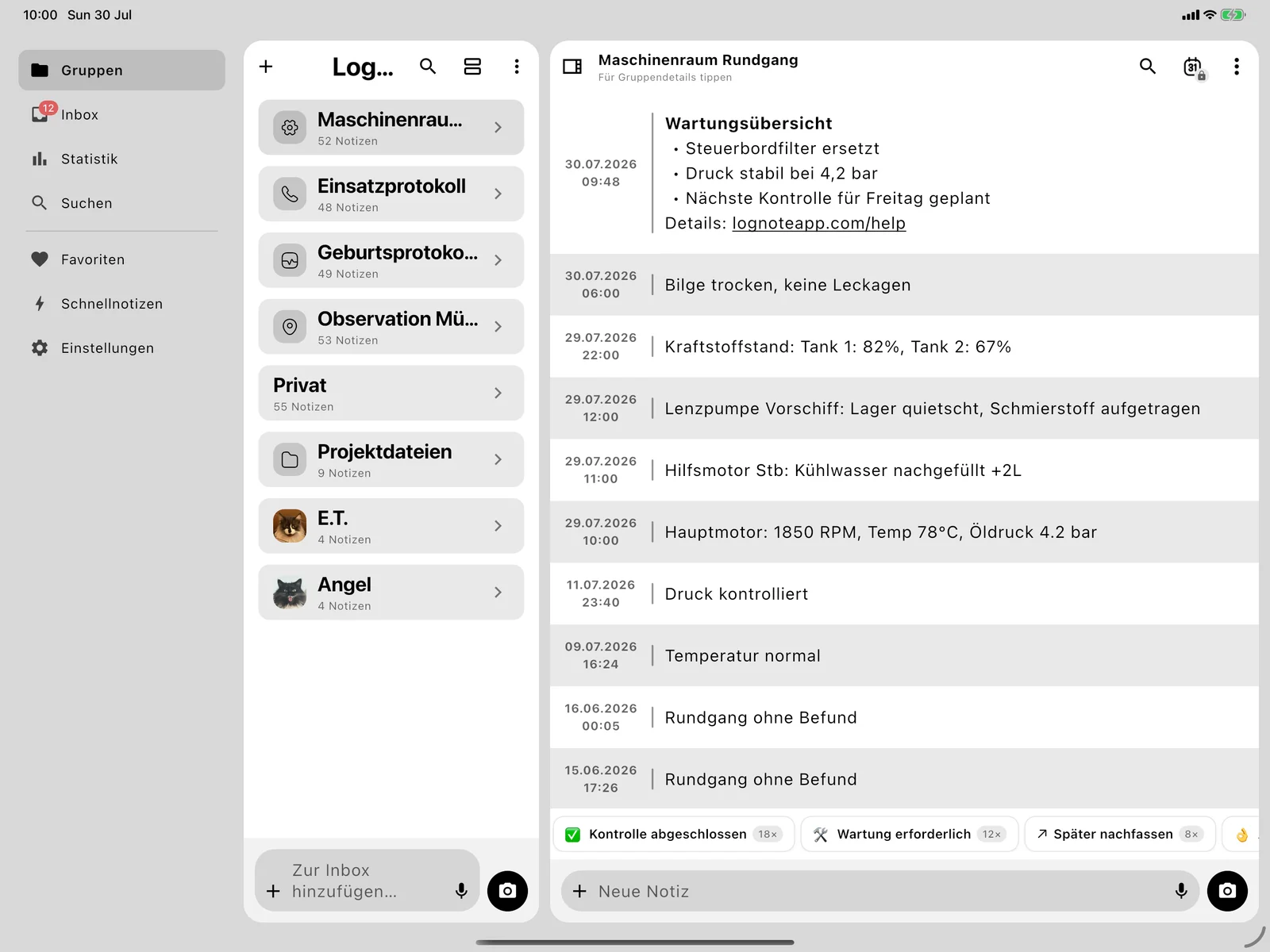 Lognote mit nativer Seitenleiste auf dem iPad