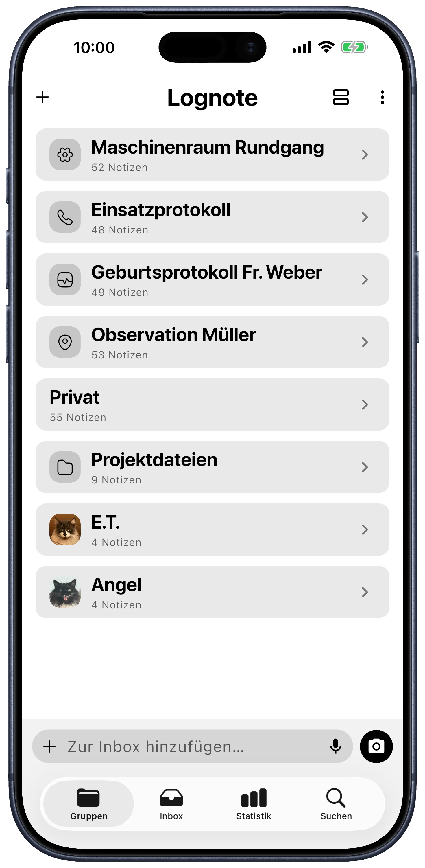 Lognote-Gruppenansicht auf dem iPhone mit Gruppen, Inbox-Eingabe und Navigation.