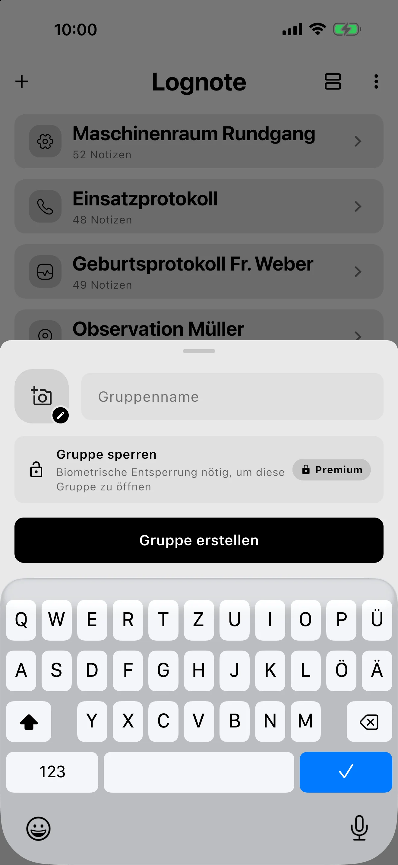 Dialog zum Erstellen einer neuen Gruppe in Lognote mit Gruppenname und Symbolen.