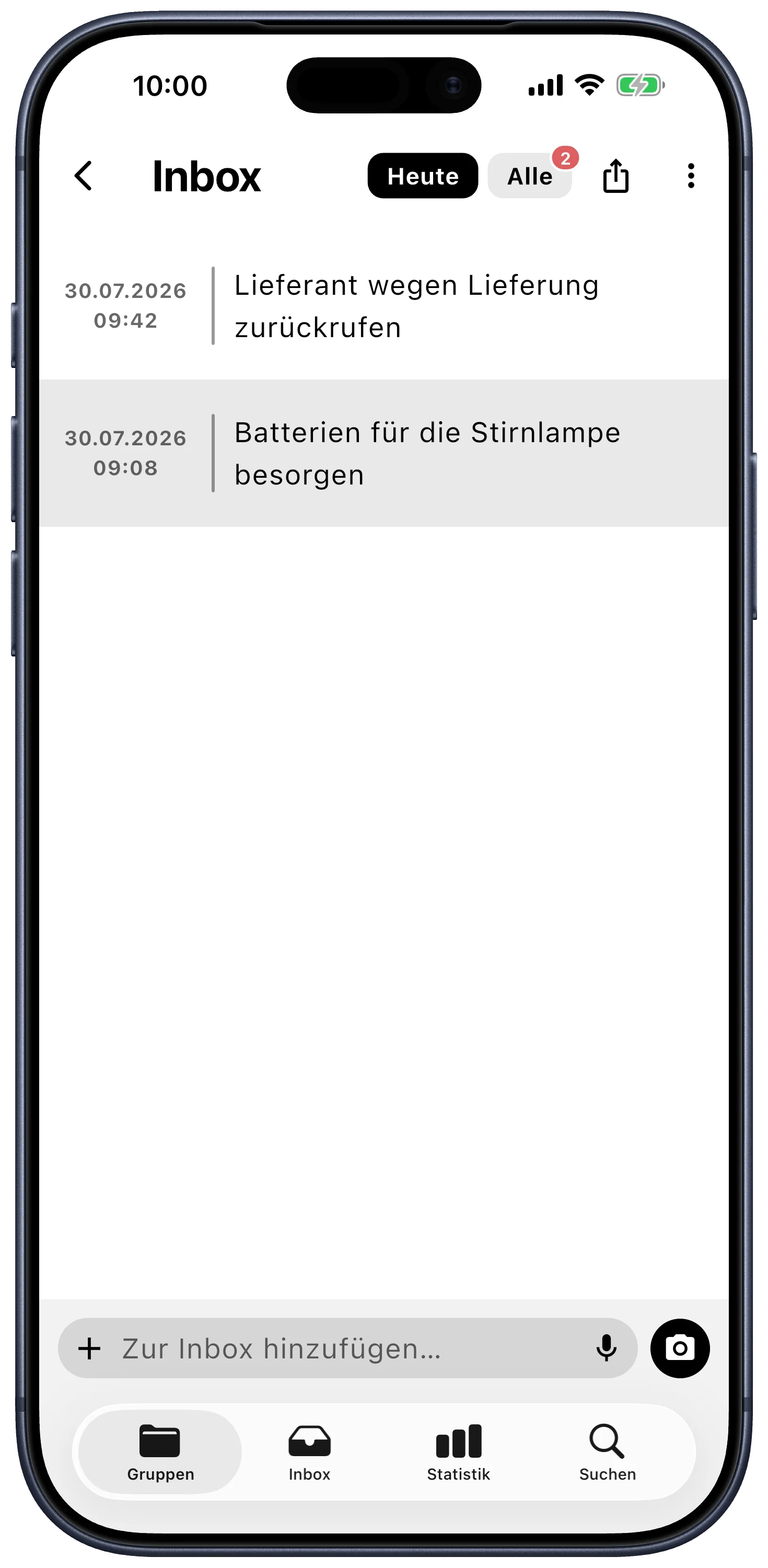 Die Inbox von Lognote auf dem iPhone