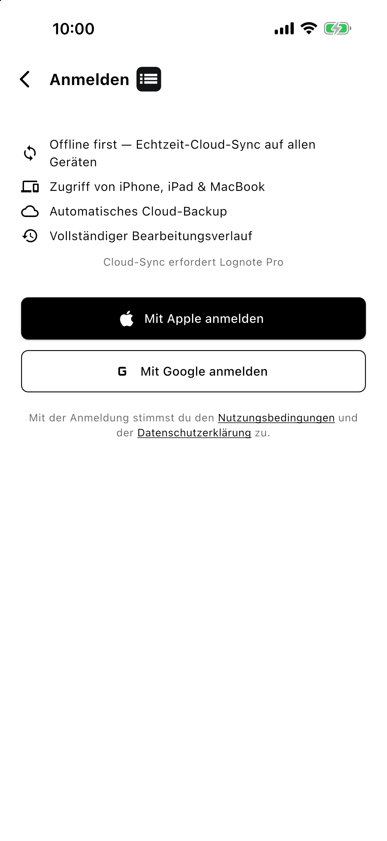 Lognote-Anmeldung mit Apple- und Google-Optionen.