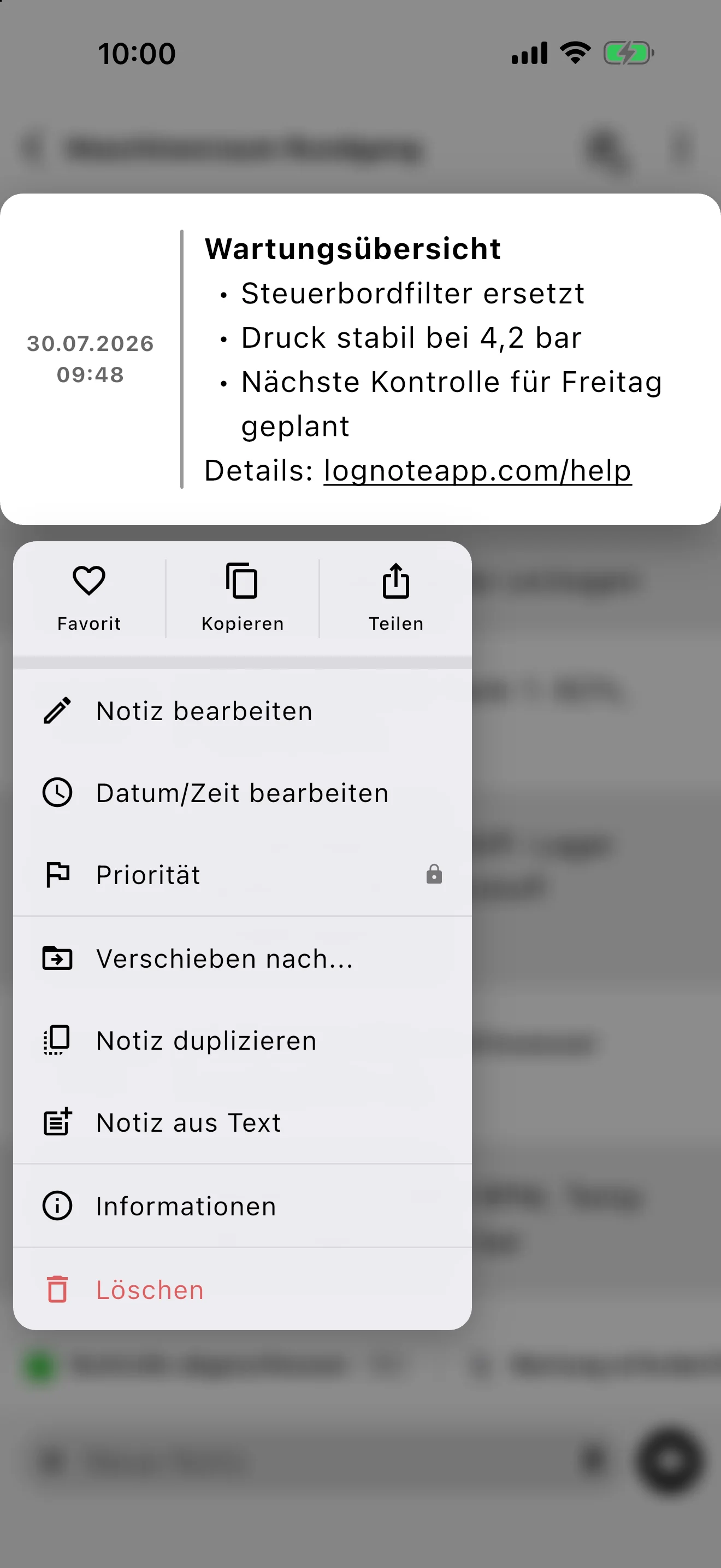 Kontextmenü einer Lognote-Notiz mit Aktionen zum Kopieren, Teilen, Verschieben, Duplizieren und Löschen.