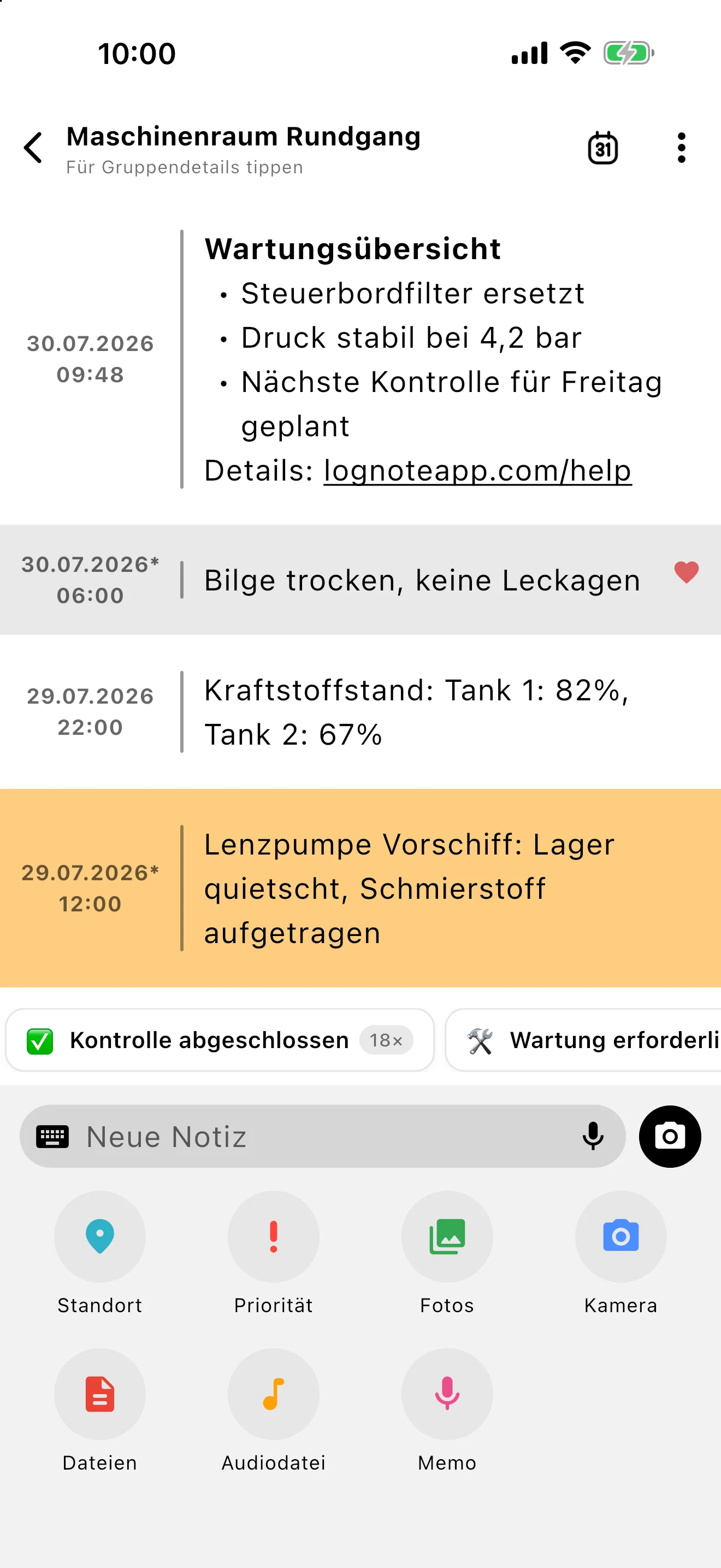 Anhangsbereich von Lognote mit den Optionen Fotos und Kamera.