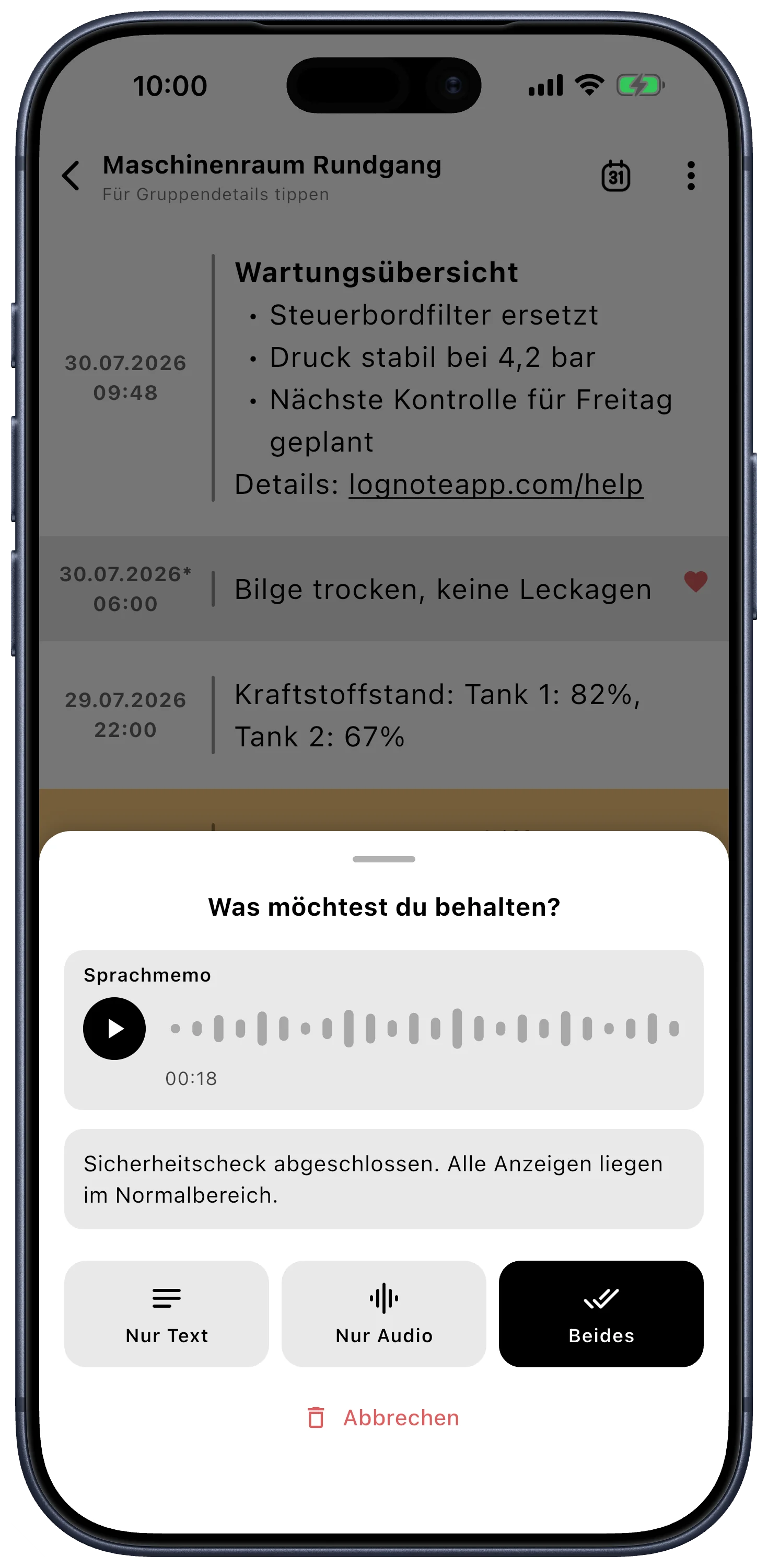 Lognote-Prüfansicht nach einer Aufnahme auf dem iPhone mit Wiedergabewellenform, Transkript und den Optionen Nur Text, Nur Audio und Beides.