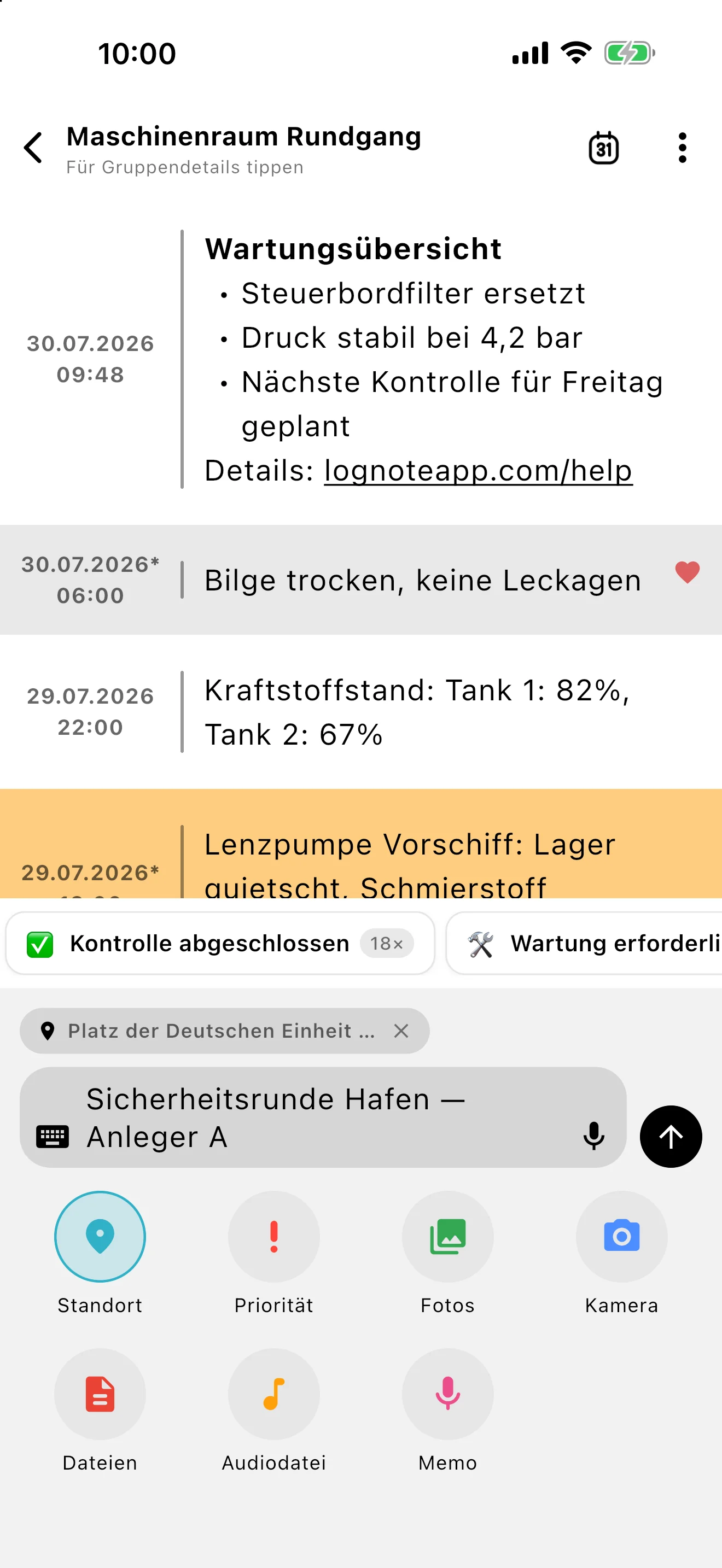 Lognote-Eingabe mit aktivierter Premium-Option Standort für eine neue Notiz.