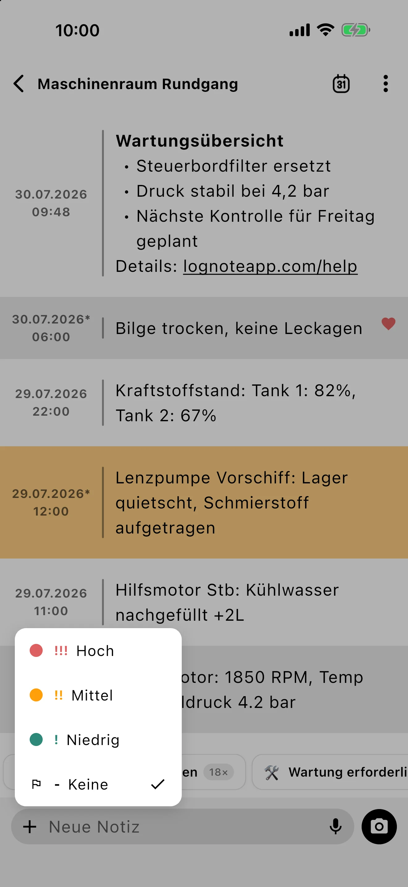 Prioritätswähler in Lognote mit keiner, niedriger, mittlerer und hoher Priorität.
