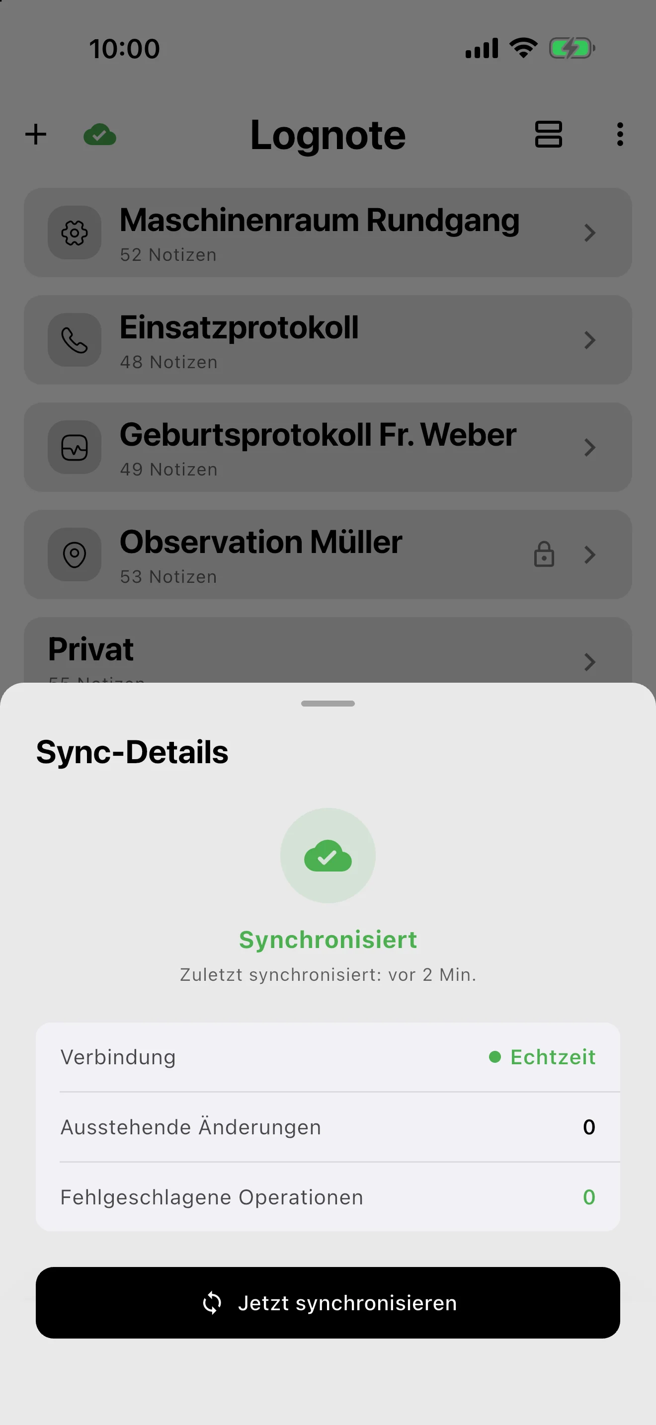Lognote-Sync-Details mit gesundem Cloud-Sync-Zustand.