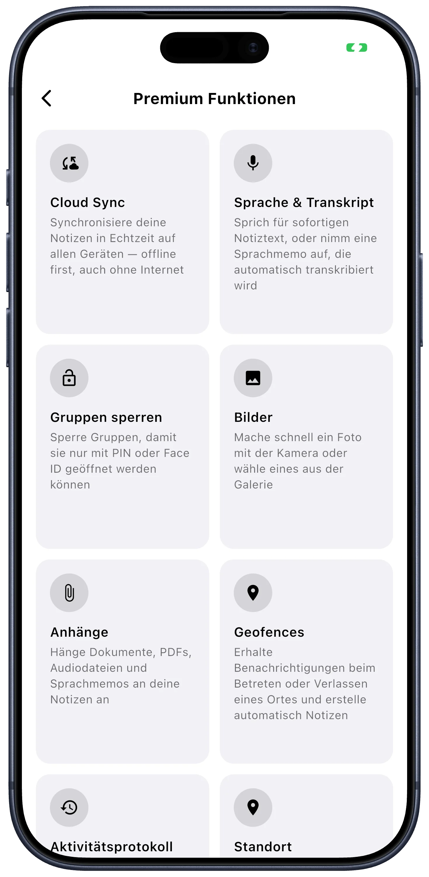 Lognote-Pro-Übersicht mit enthaltenen Premium-Funktionen ohne Preise.