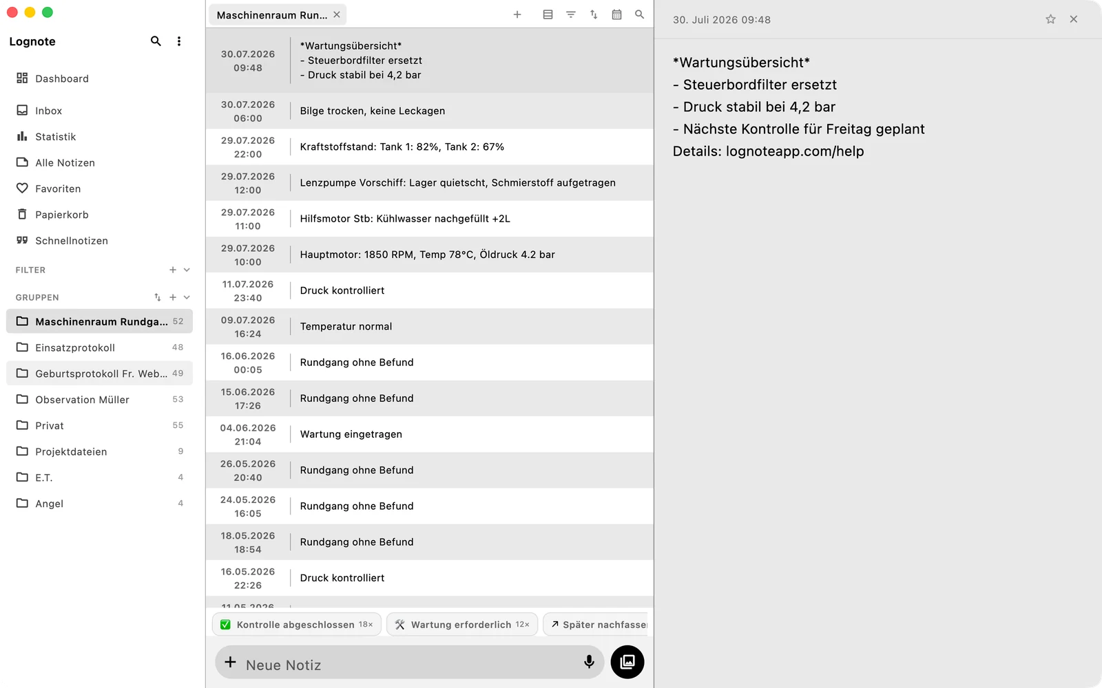 Lognote auf dem Mac mit Seitenleiste, Gruppeninhalt und Desktop-Detailbereich.