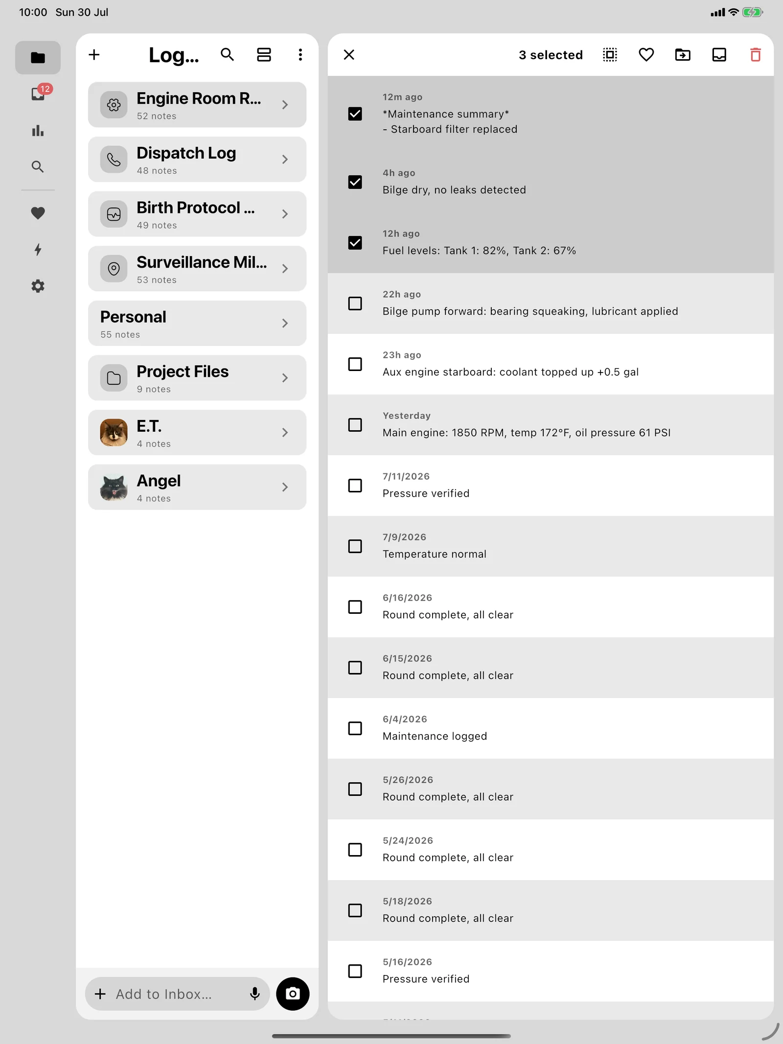 Three selected notes in Lognote with bulk favorite, move, and delete actions.