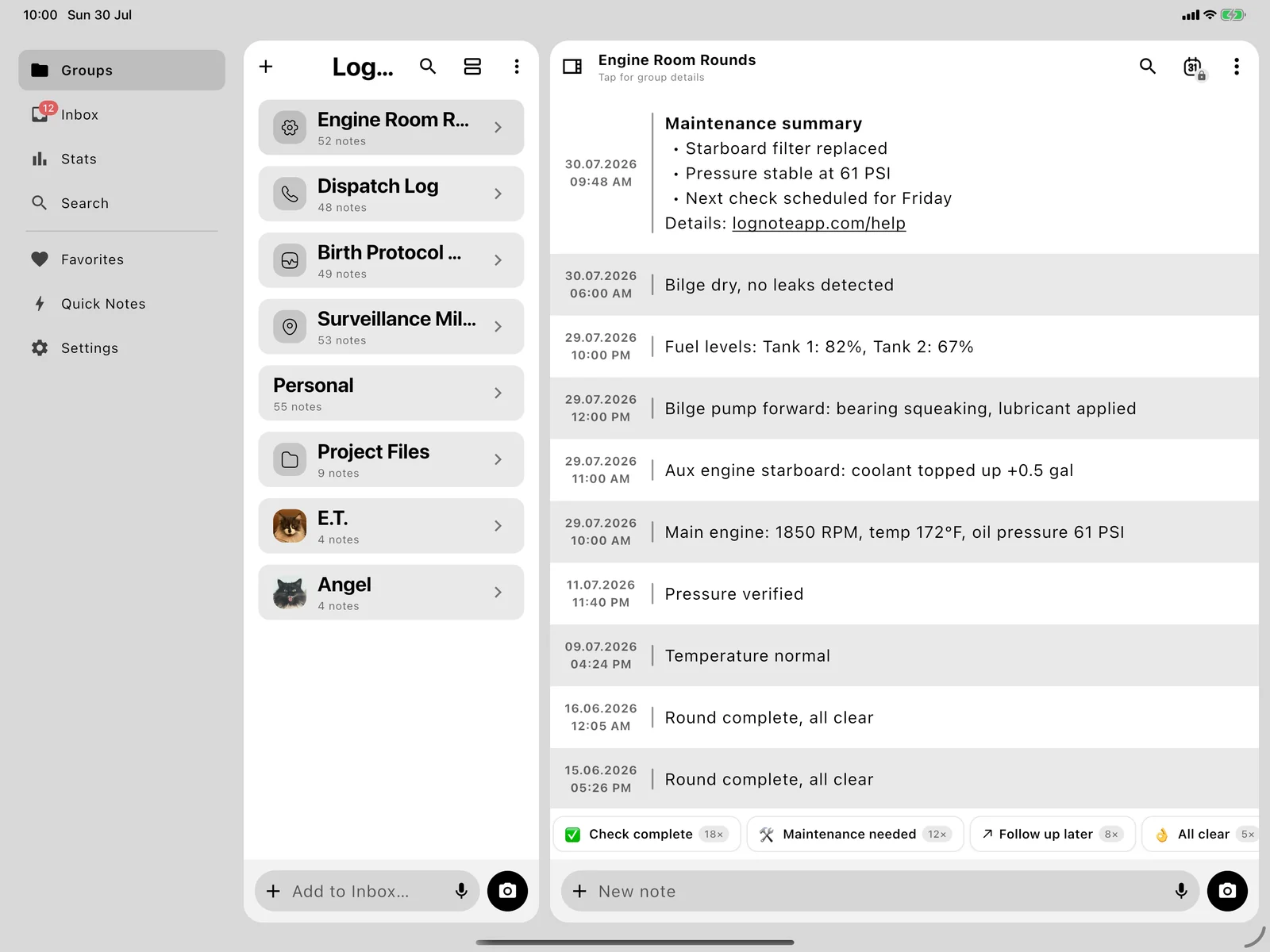 Lognote with its native sidebar on iPad