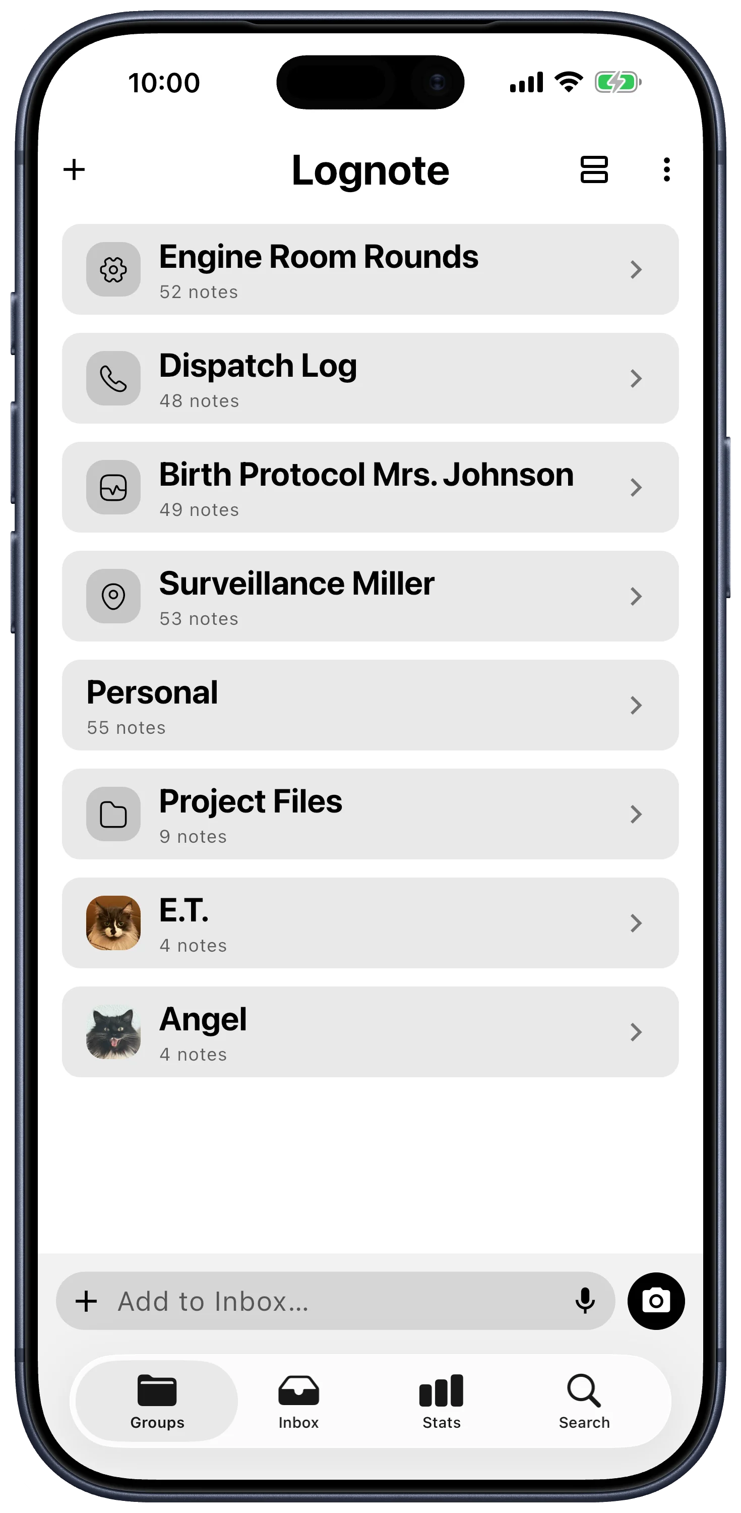 Lognote Groups screen on iPhone with groups, Inbox capture field, and navigation tabs.