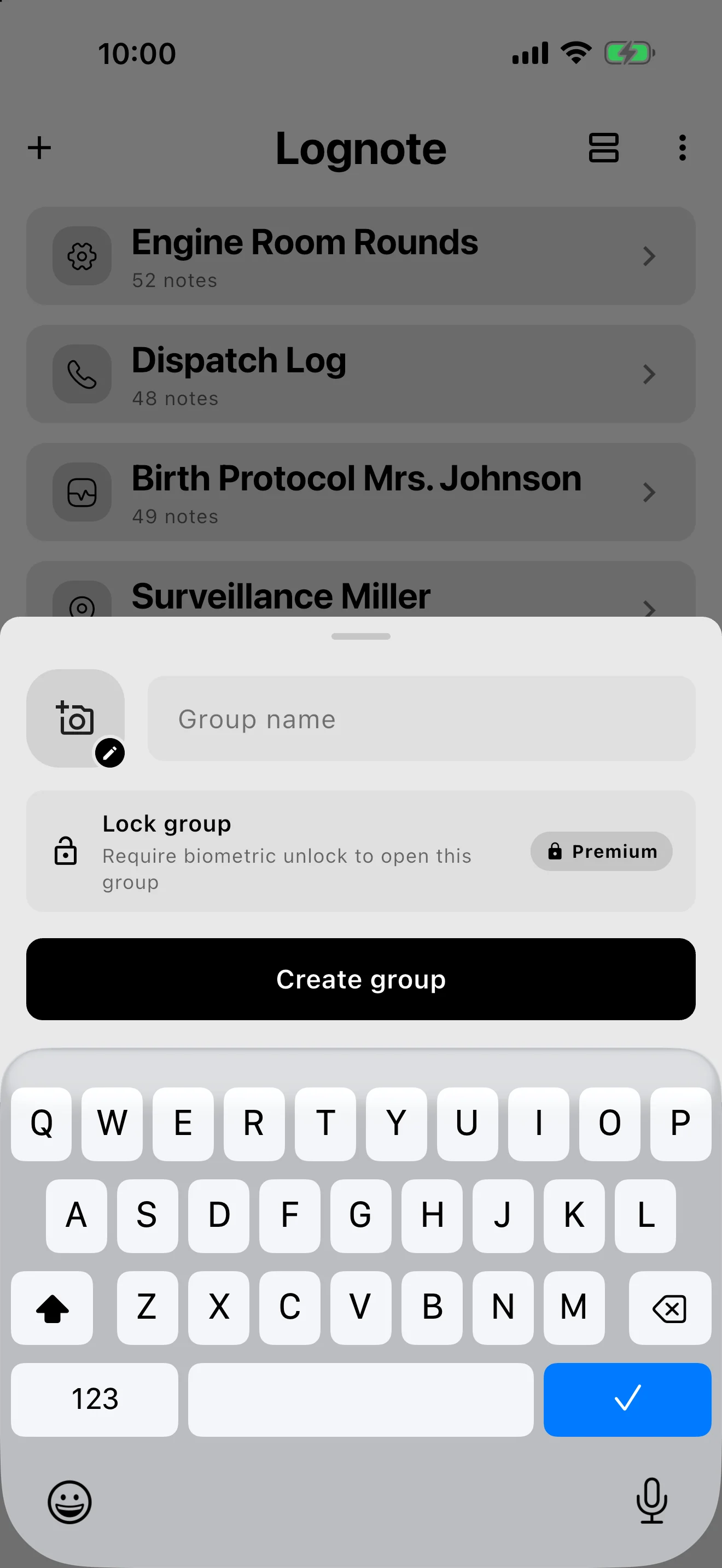 New group sheet in Lognote with a group name field and icon choices.