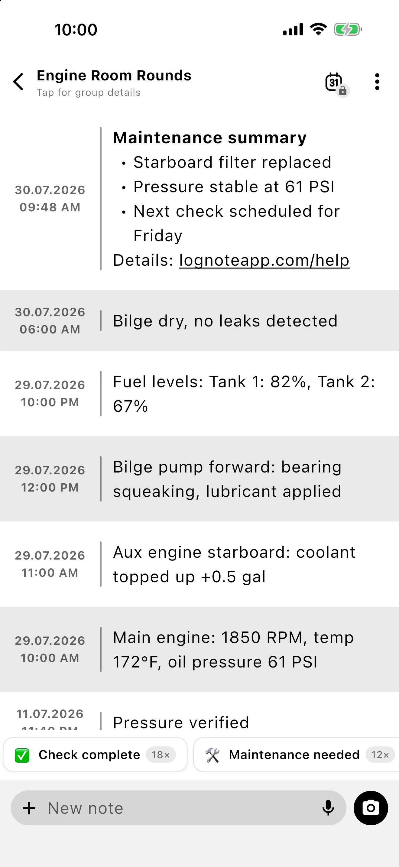 A Lognote group with chronological notes and the New note field ready for typing.