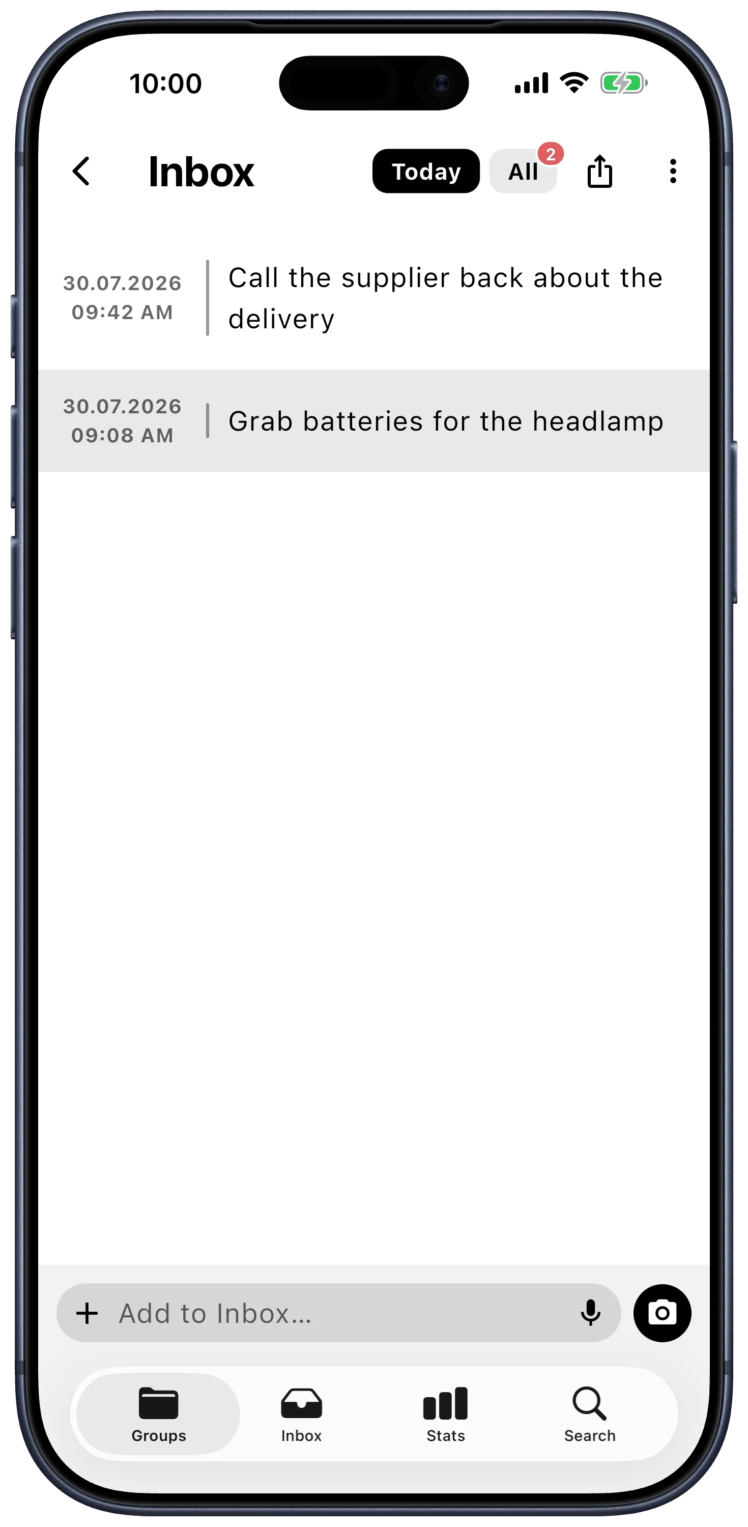 The Lognote Inbox on iPhone