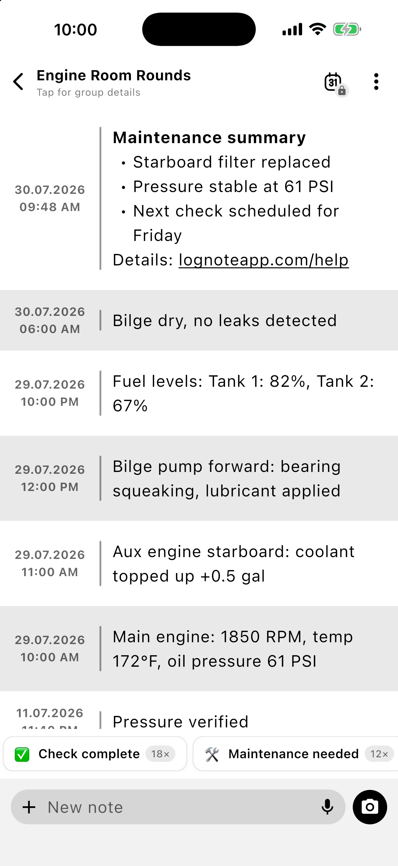 Reusable Quick Note chips above the note composer in a Lognote group.