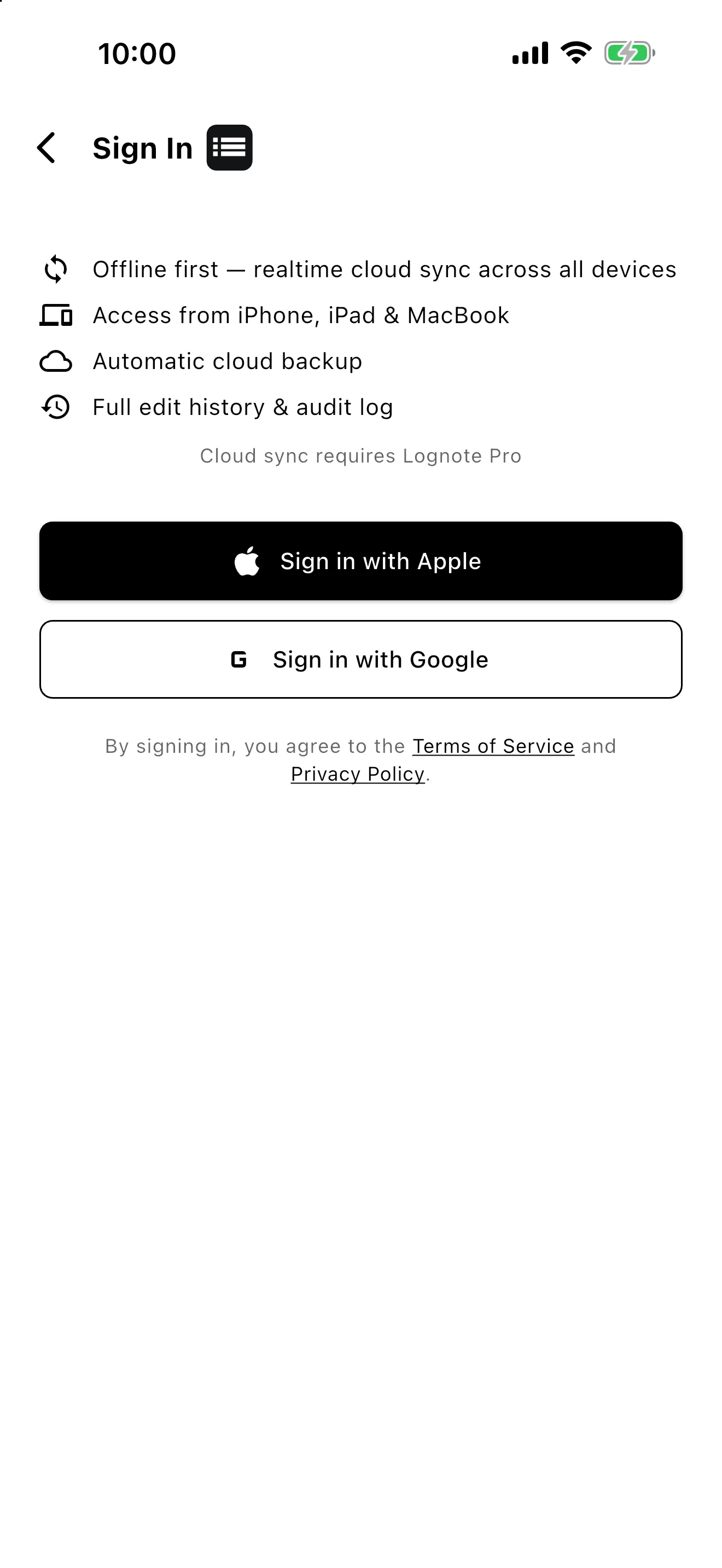 Lognote Sign In screen with Apple and Google options.