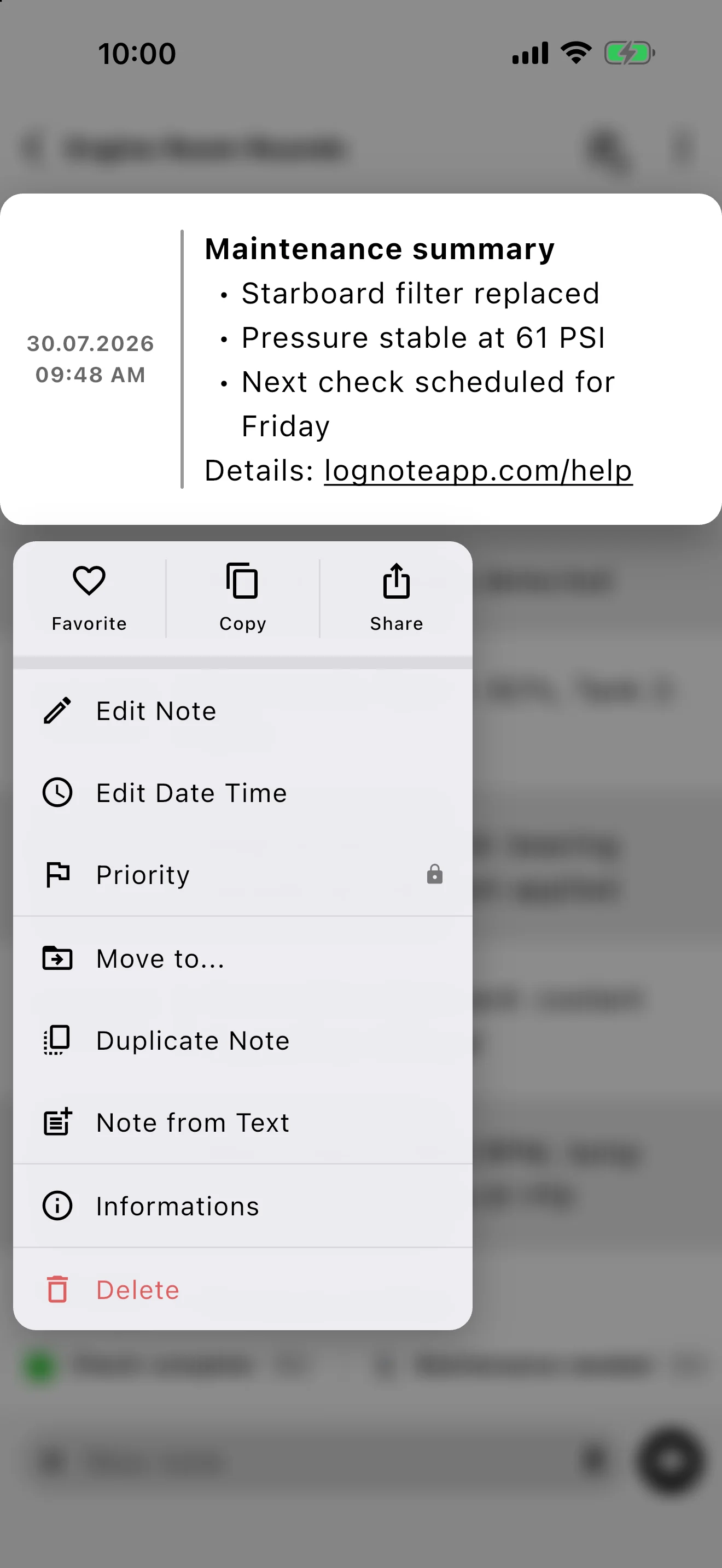 Lognote note context menu with copy, share, move, duplicate, and delete actions.