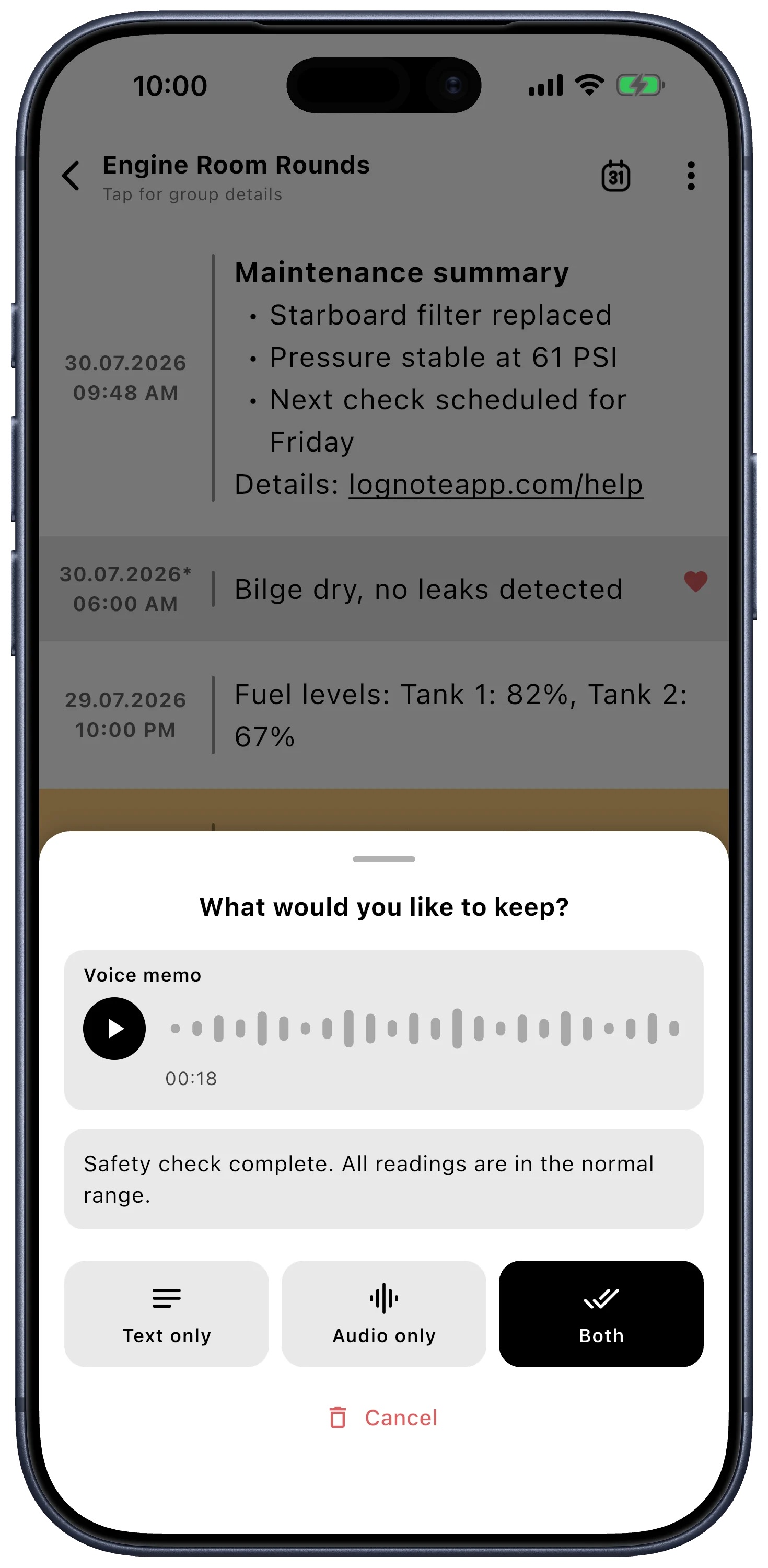 Lognote post-recording review on iPhone with a playback waveform, transcript, and Text only, Audio only, and Both choices.