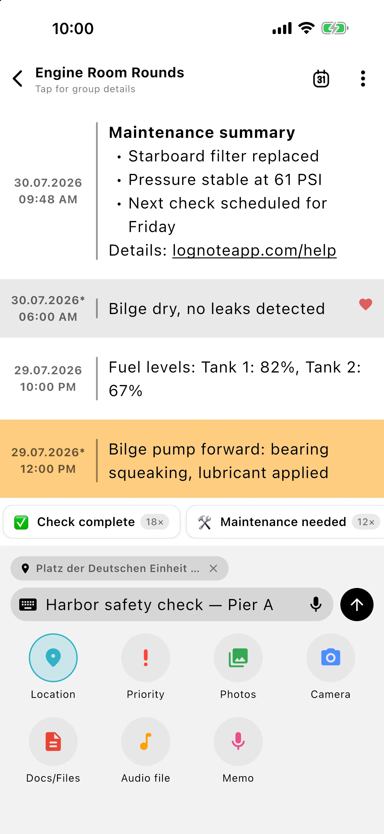 Lognote composer with the Premium Location option enabled for a new note.
