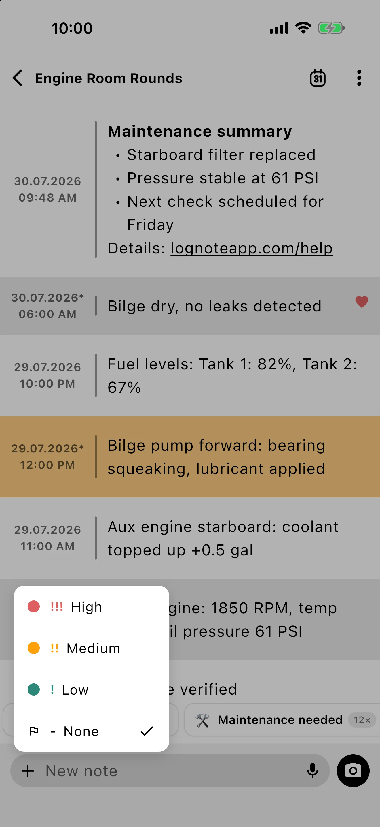 Lognote priority picker offering none, low, medium, and high priority.