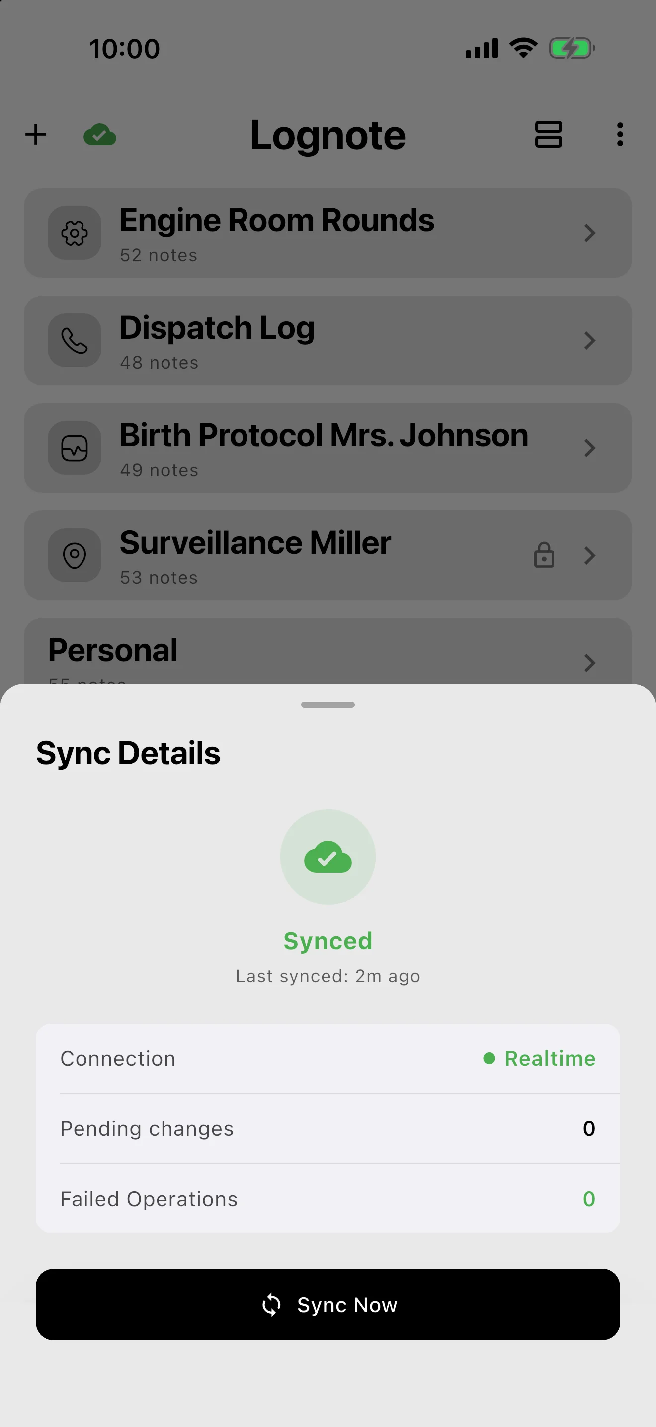 Lognote Sync details showing a healthy Cloud Sync state.