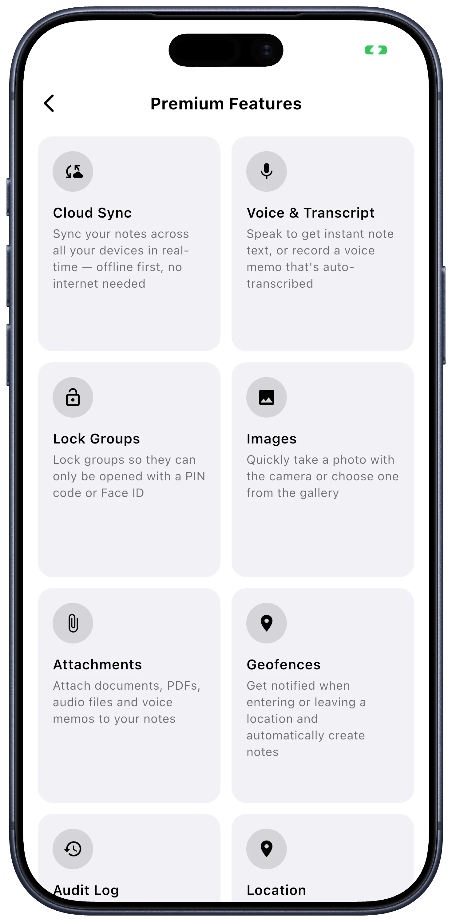 Lognote Pro overview showing the included Premium features without prices.