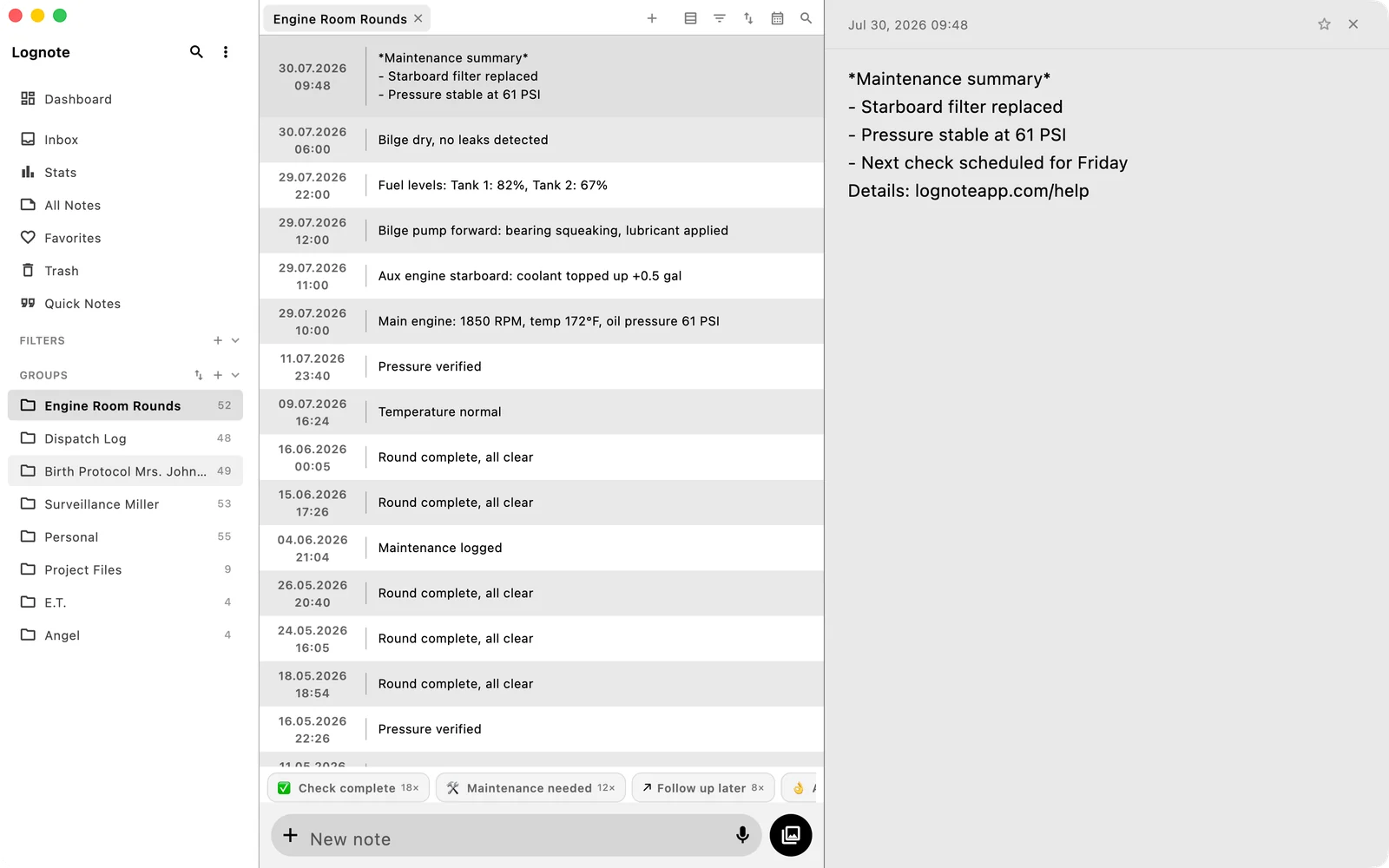 Lognote on Mac with sidebar, group content, and a desktop detail area.