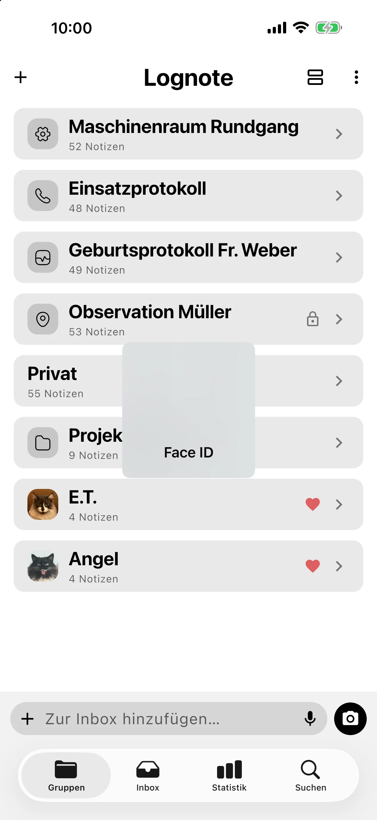 Screenshot: Echter iOS-Face-ID-Dialog über einer gesperrten Lognote-Gruppe