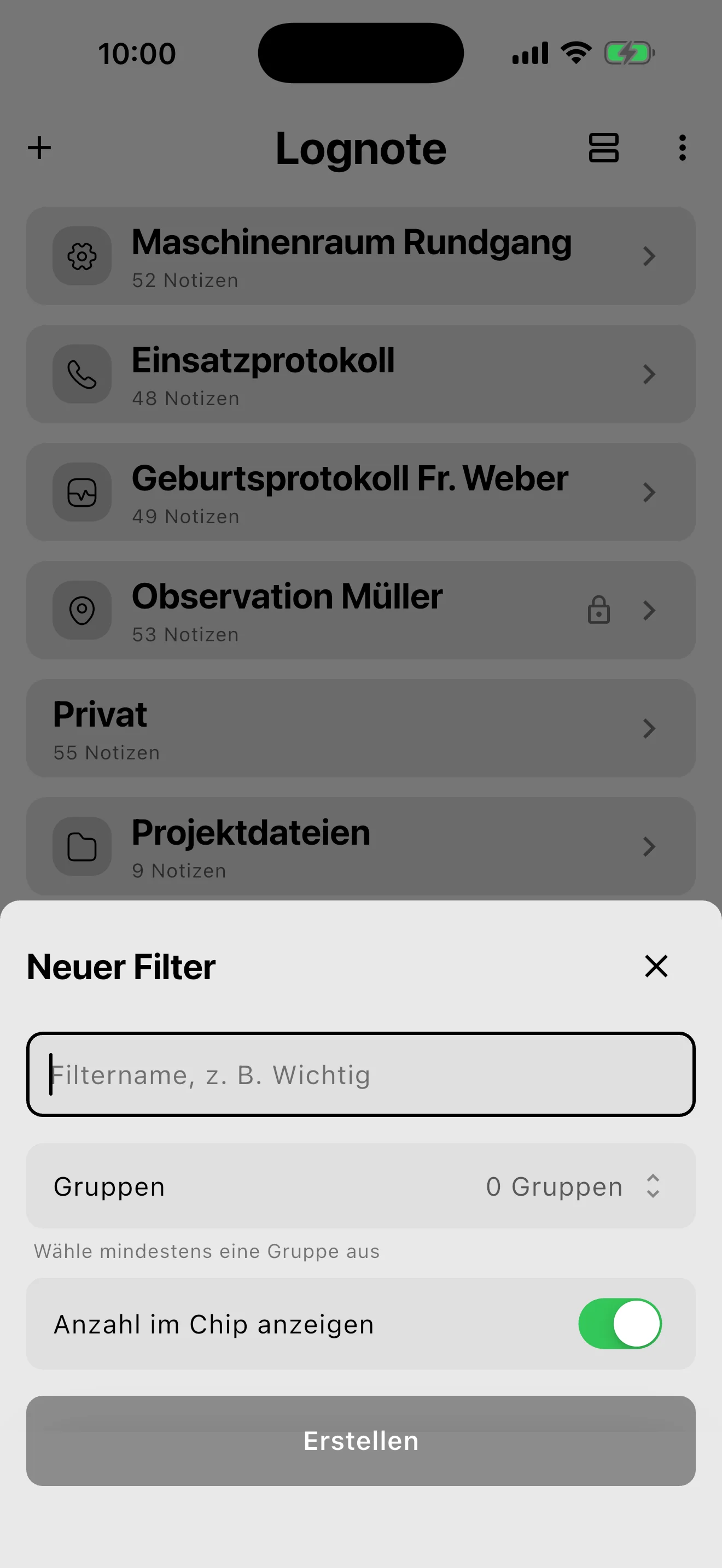 Screenshot: Editor für einen eigenen Gruppenfilter mit Name, Gruppenauswahl und Trefferzahl-Schalter