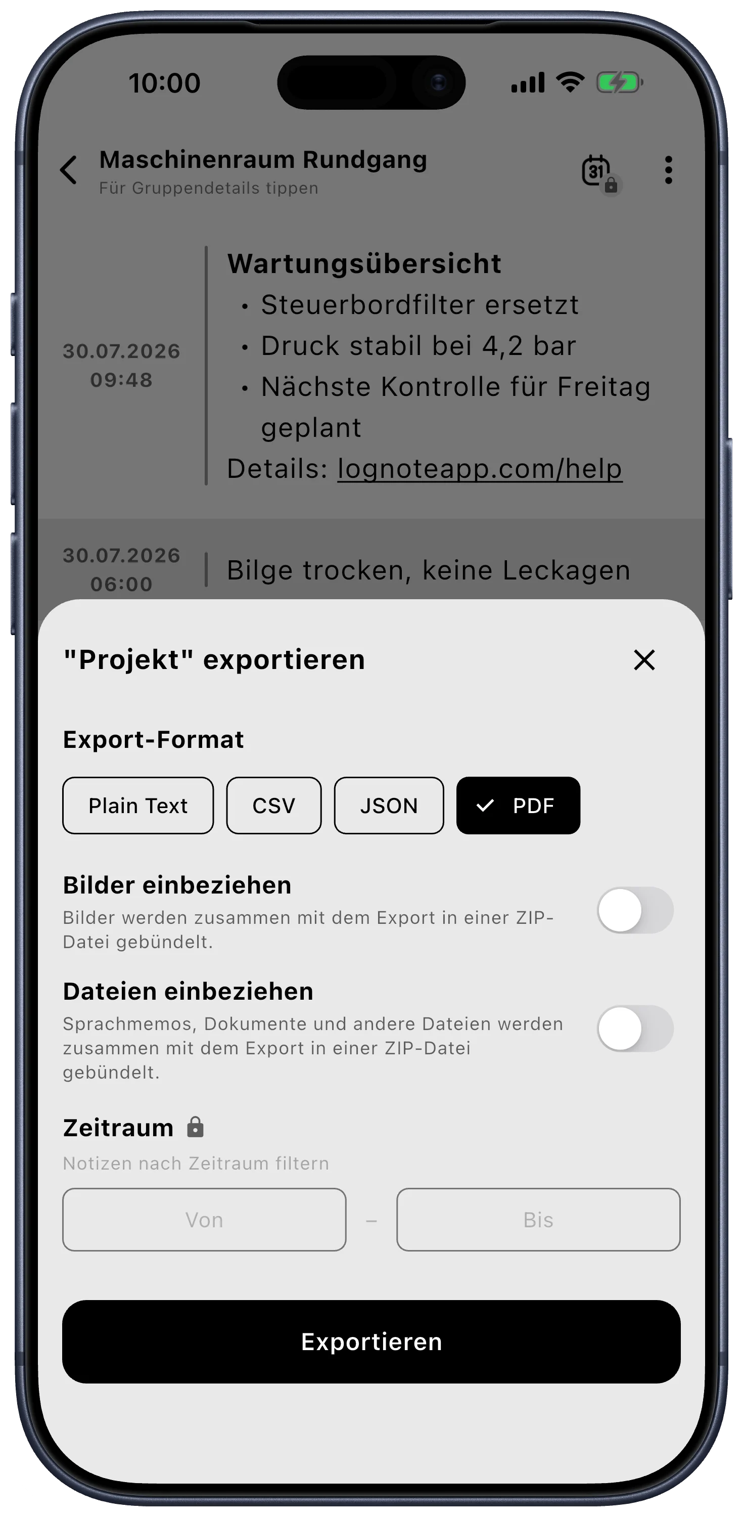 Lognote Exportansicht auf einem iPhone