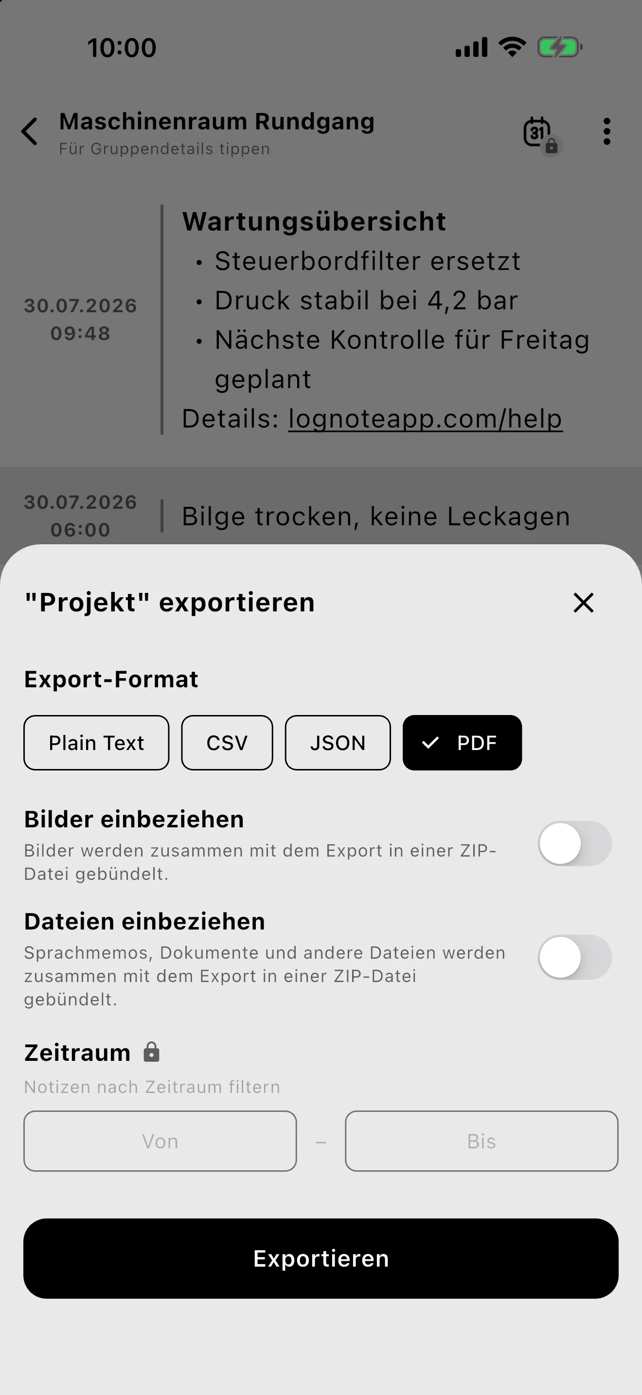 Screenshot: Export-Dialog mit CSV, JSON, PDF, Plain Text, optionalen Medien und Premium-Datumsbereich
