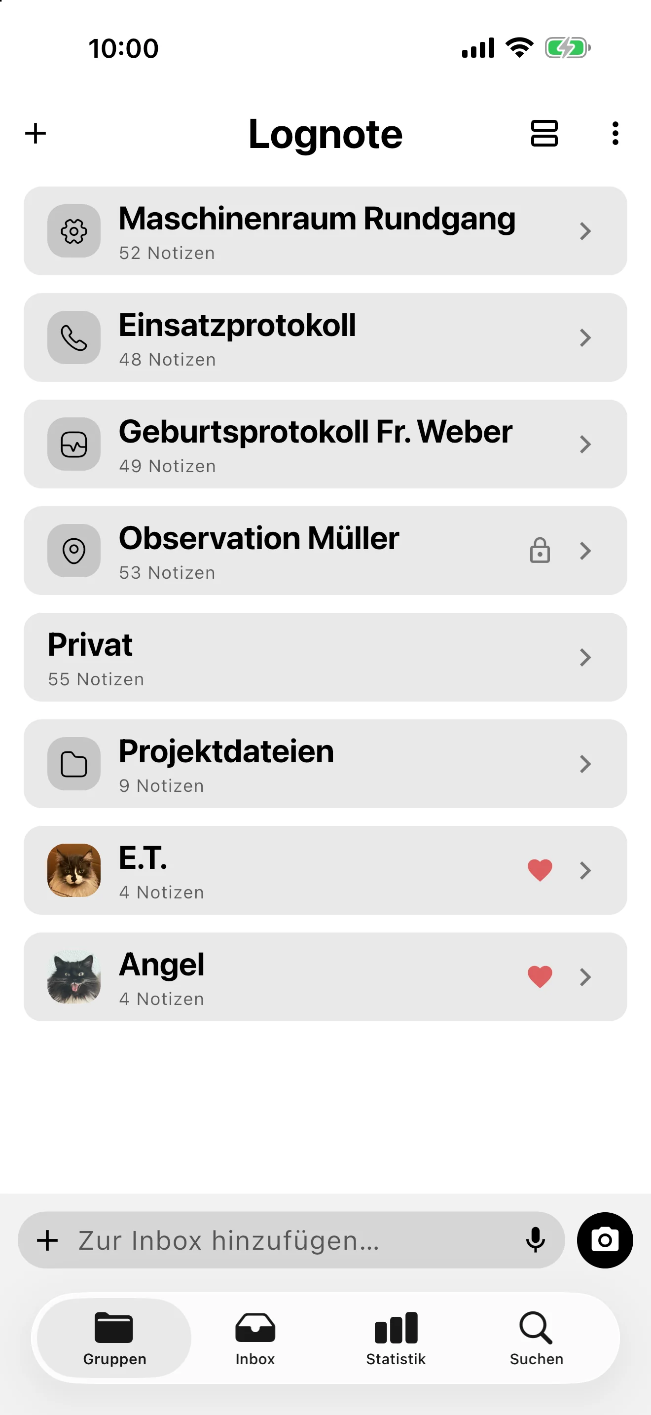 Screenshot: Gruppenübersicht mit eigenen Symbolen, einer gesperrten und zwei favorisierten Gruppen