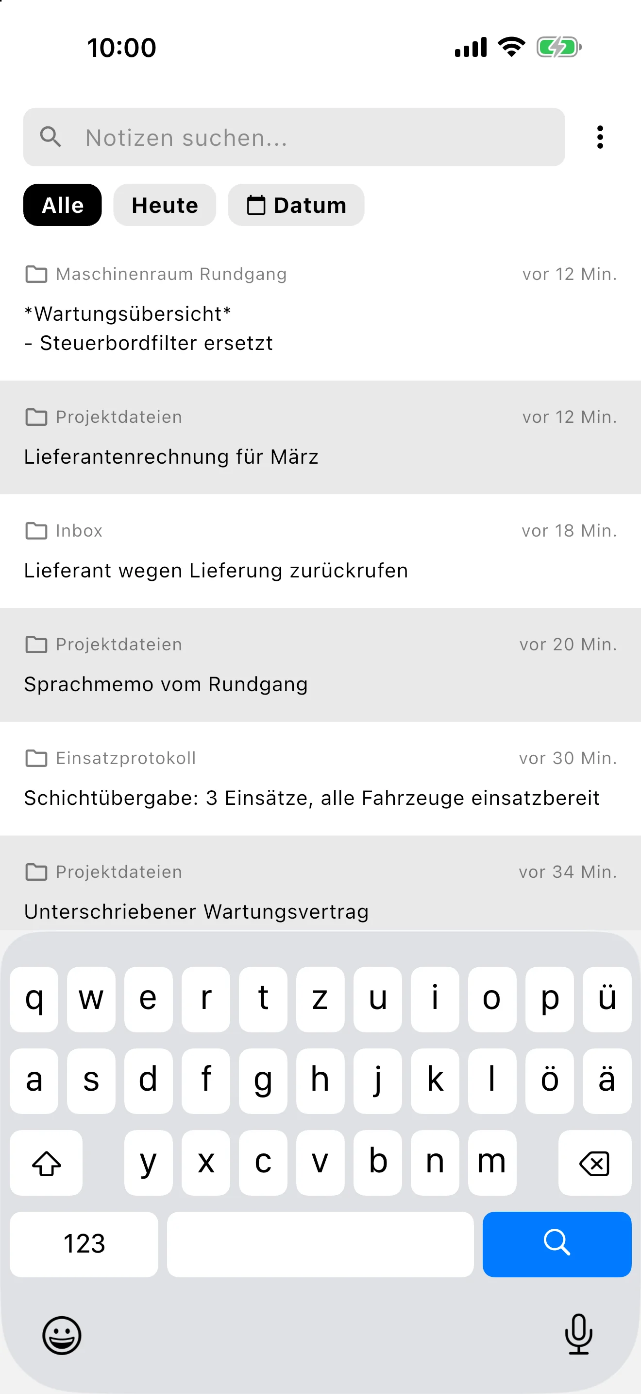 Screenshot: Suche mit Alle-, Heute- und Datumsfilter sowie gruppierten Notizergebnissen