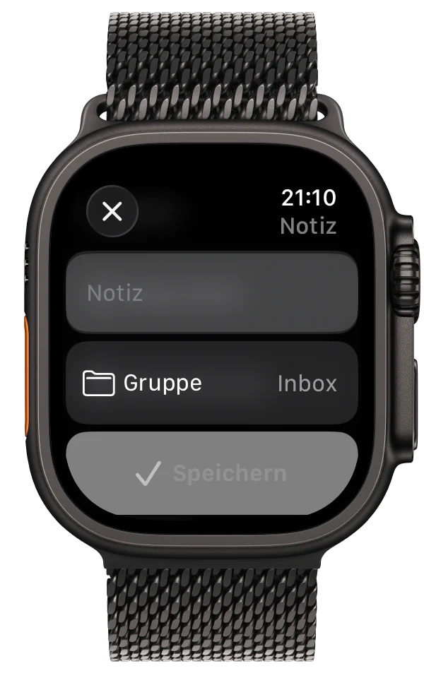 Screenshot: Formular für eine neue Notiz mit Gruppenauswahl auf der Apple Watch
