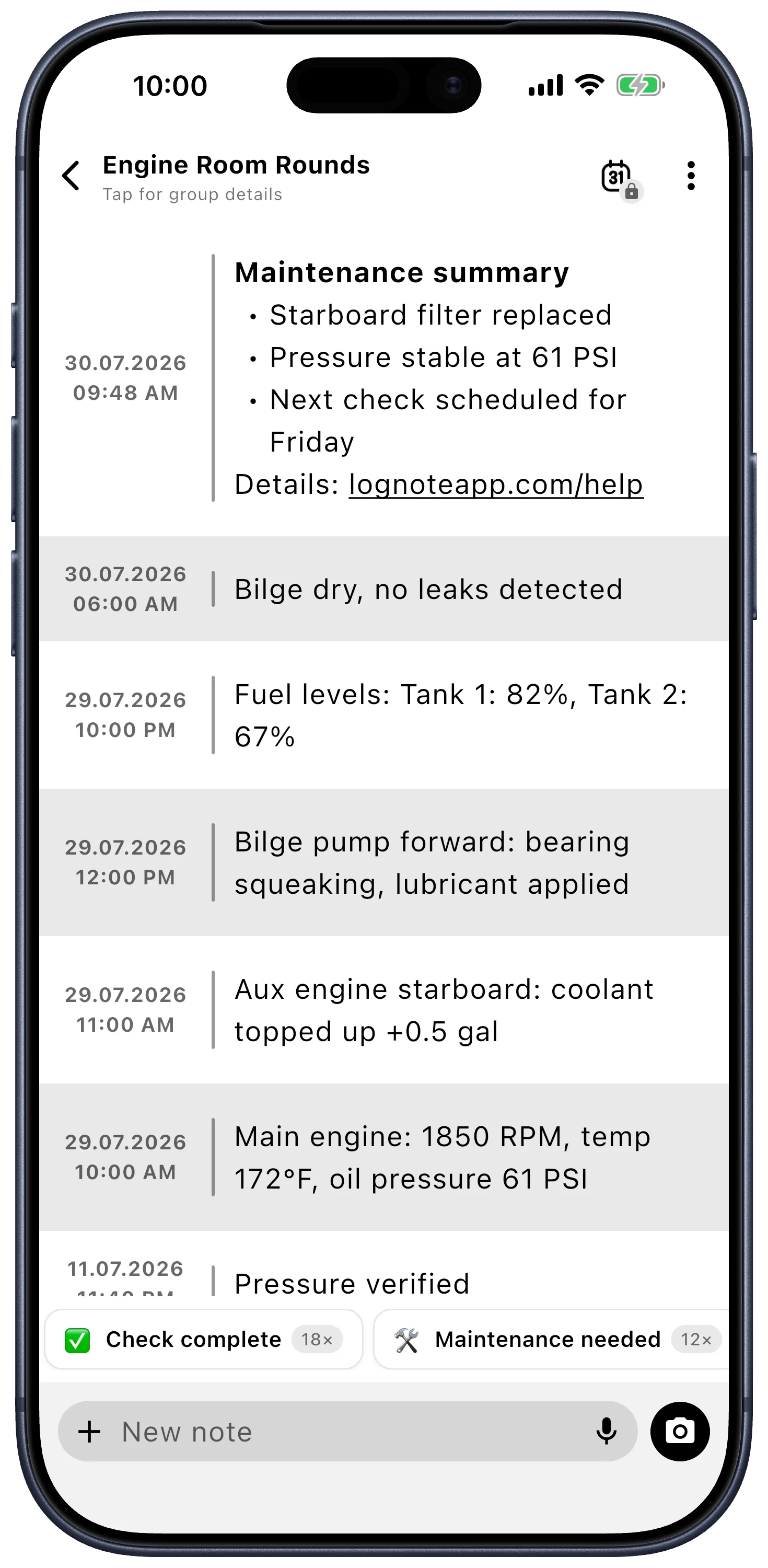 Lognote on an iPhone showing the editor for a new time-stamped note