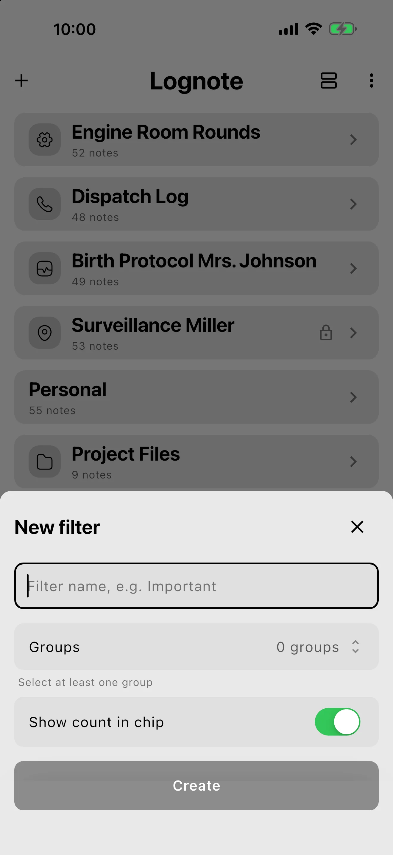Screenshot: Custom group-filter editor with a name field, group selection, and count toggle