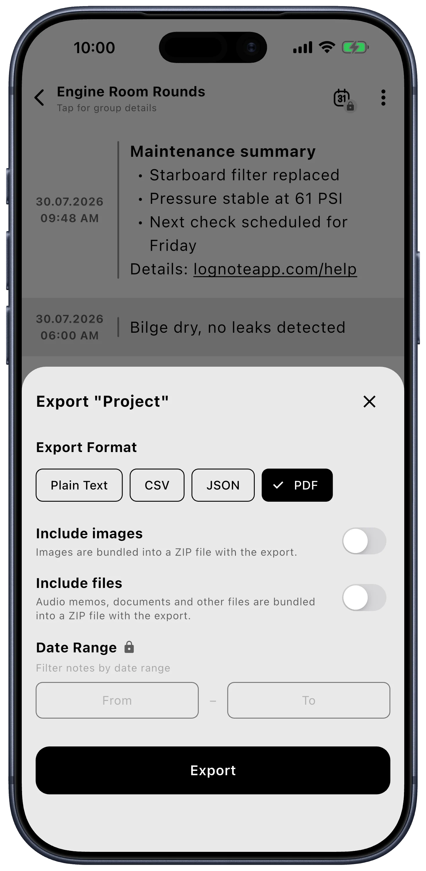 Lognote export view on an iPhone