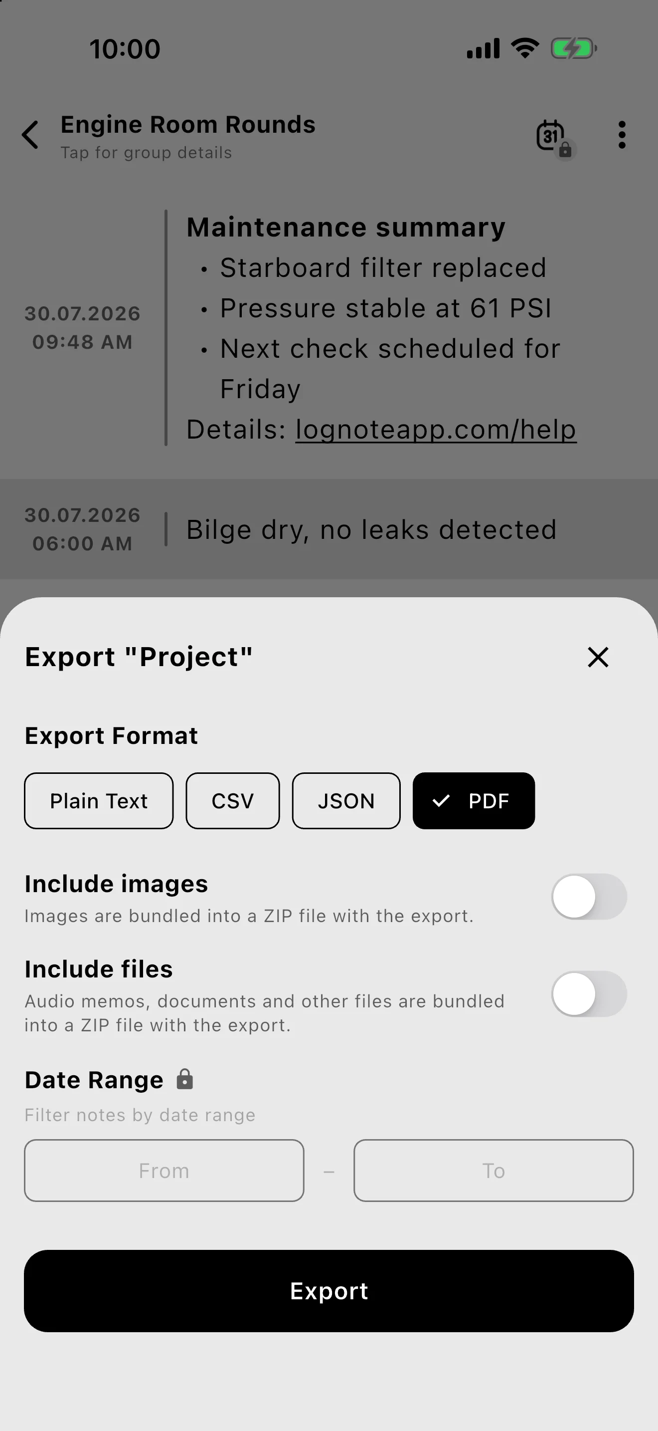 Screenshot: Export sheet with CSV, JSON, PDF, Plain Text, optional media, and a Premium date range