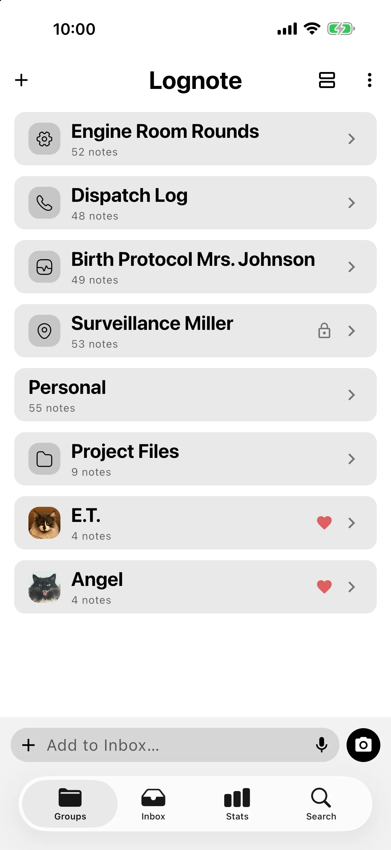 Screenshot: Group overview with custom icons, one locked group, and two favorite groups