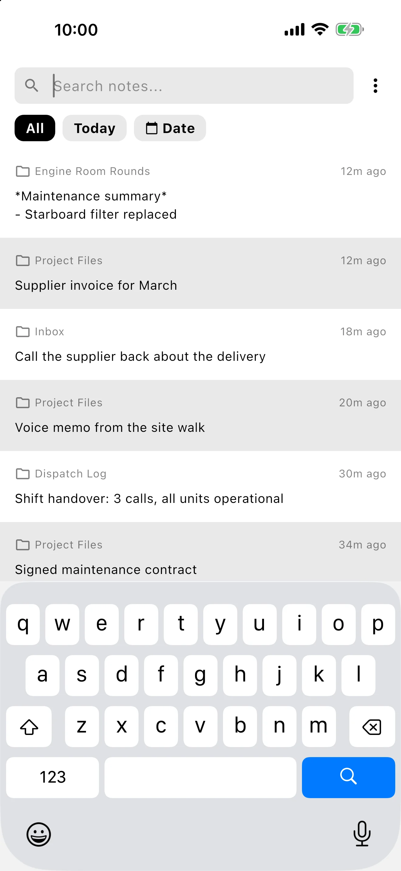 Screenshot: Search with All, Today, and Date filters plus grouped note results