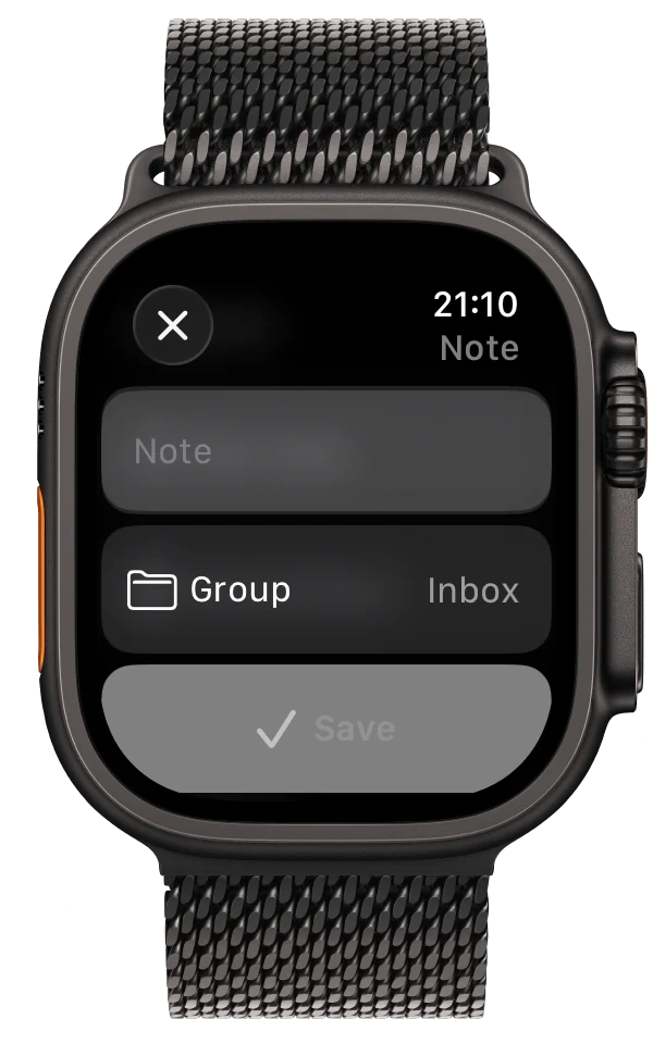 Screenshot: New-note form with group selection on Apple Watch