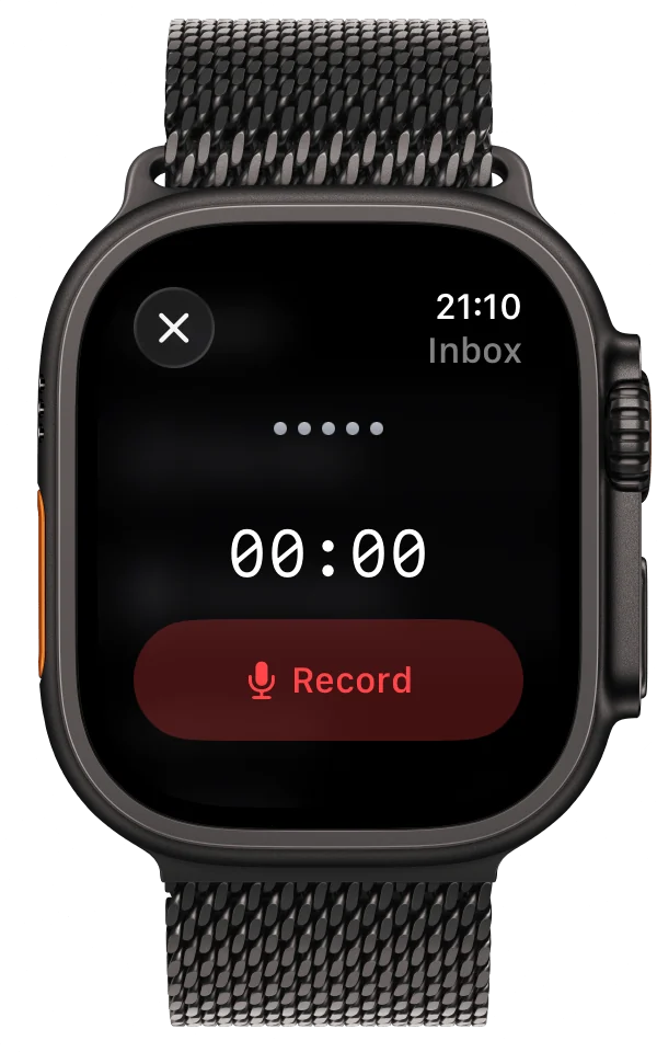 Screenshot: Voice memo recorder with a timer and Record button on Apple Watch