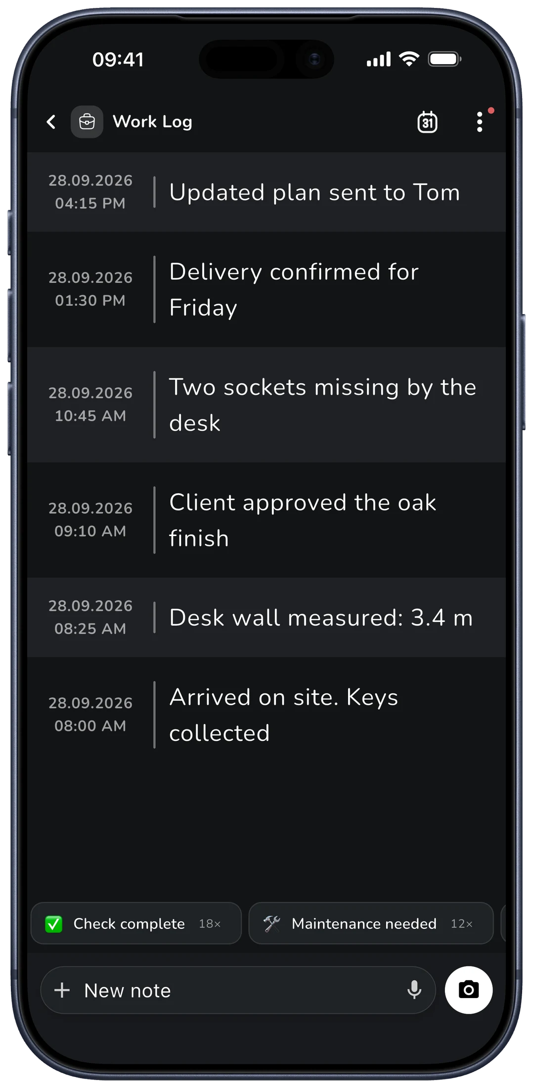 Classic note layout: work log with timestamp column