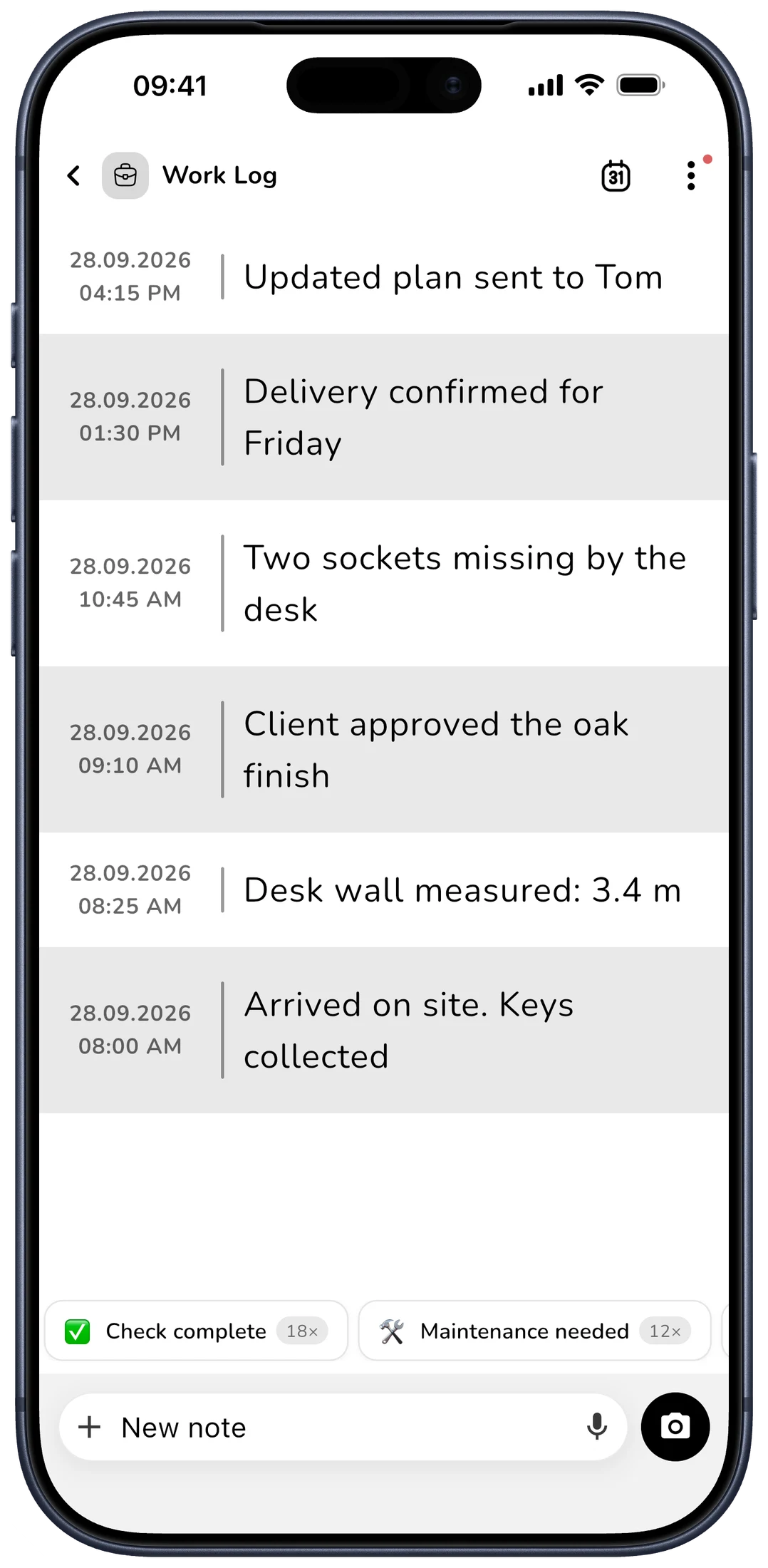 Classic note layout: work log with timestamp column