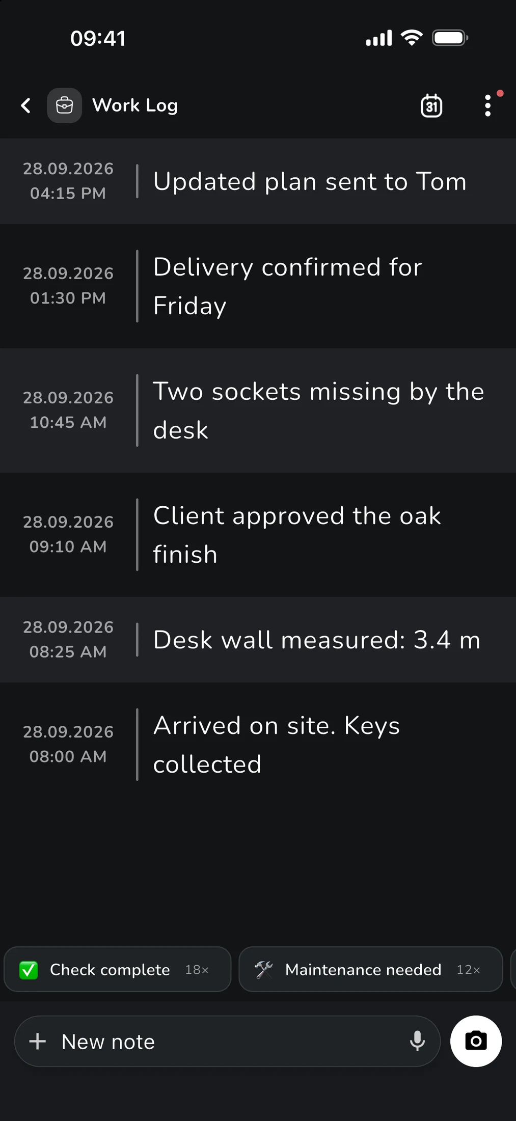 Classic note layout: work log with timestamp column