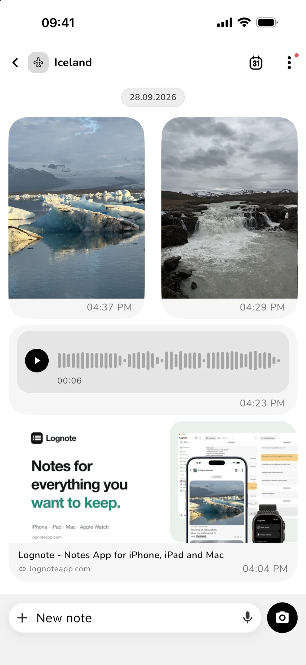 Travel journal with photos and timestamps