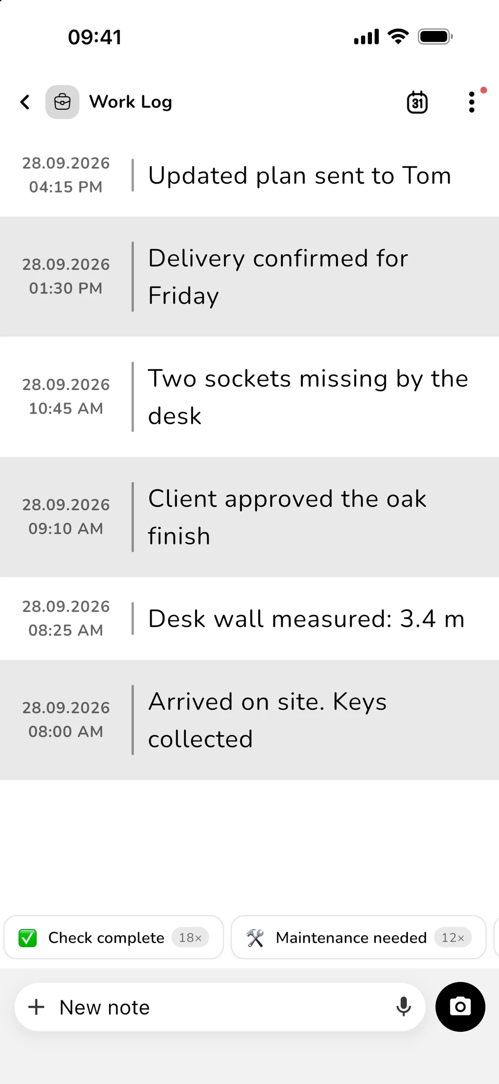 Classic note layout: work log with timestamp column